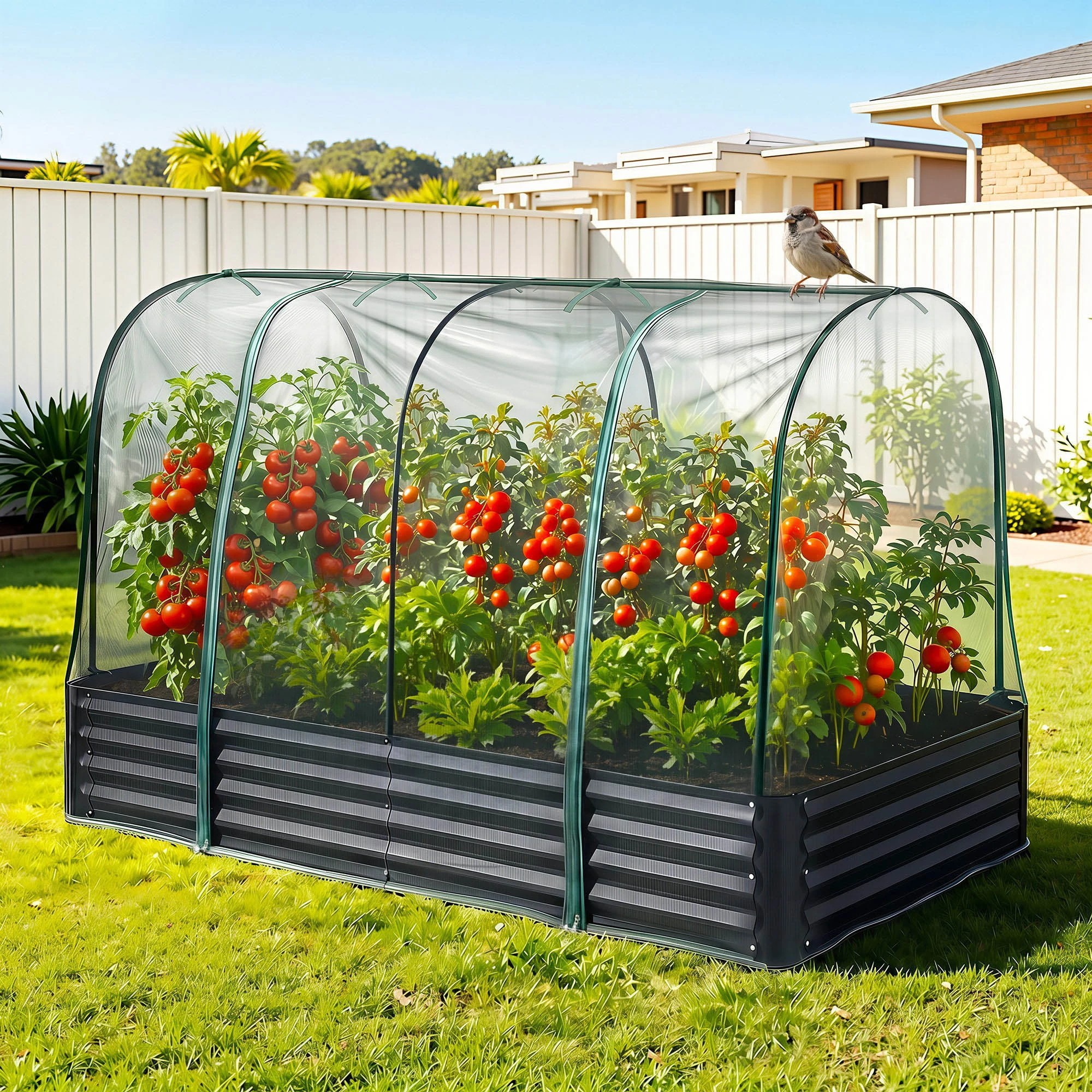 1 Green Fingers Raised Garden Bed with Mesh Netting Galvanised Planter Box Bird Proof 180x90x120cm - Black, 1 of 9