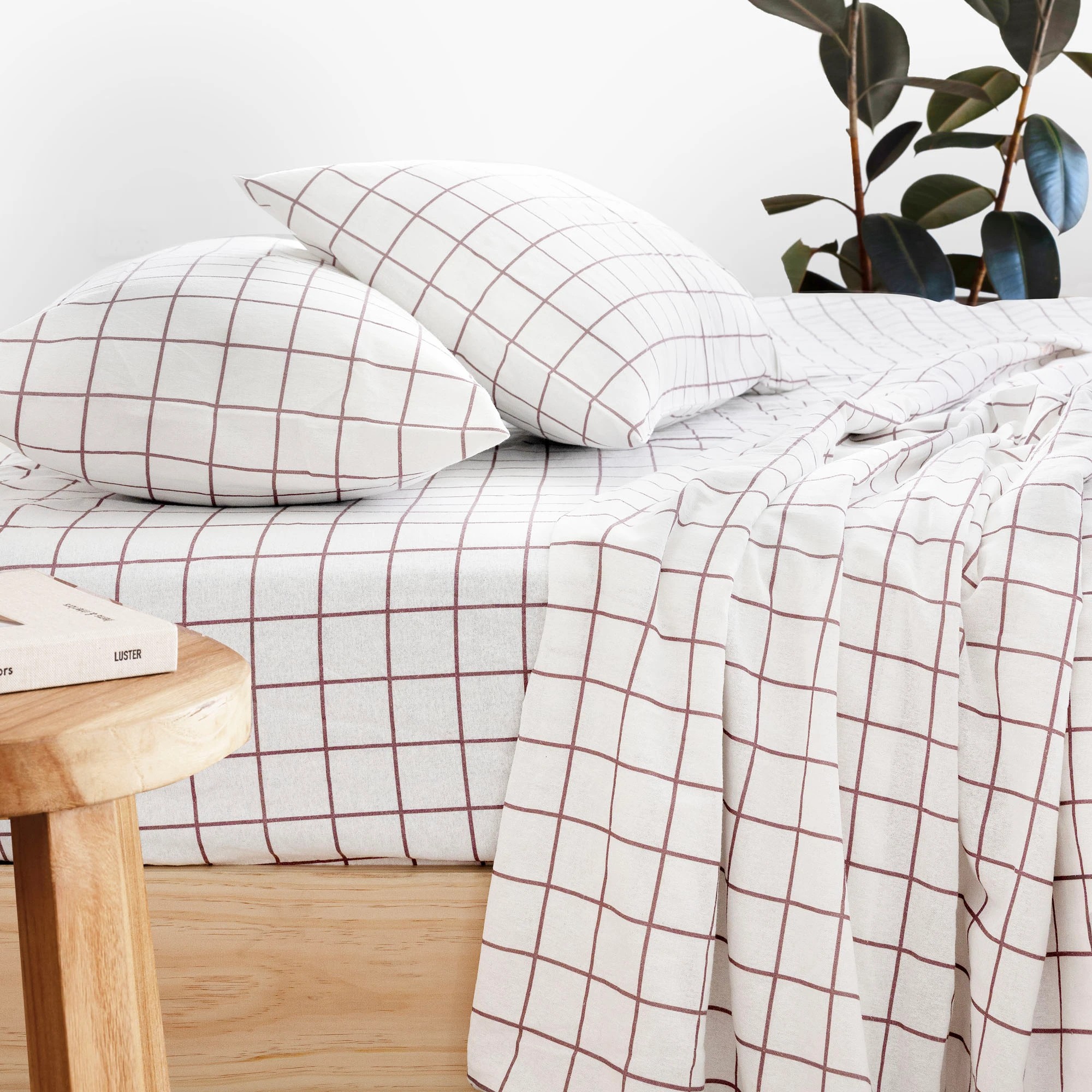 1 Bambury Grid  Brushed Cotton 160GSM Flannelette Sheet Set   Boysenberry - King Single Bed - Red, 1 of 3