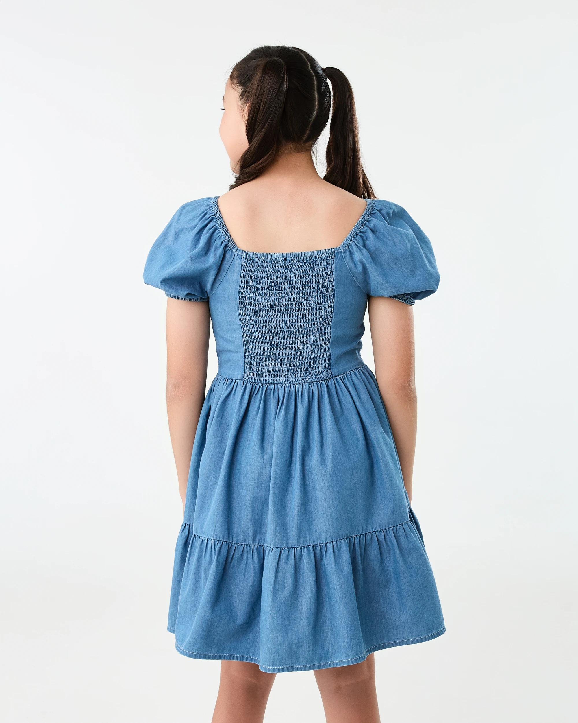 2 Puff Sleeve Woven Dress Mid Wash, 2 of 9