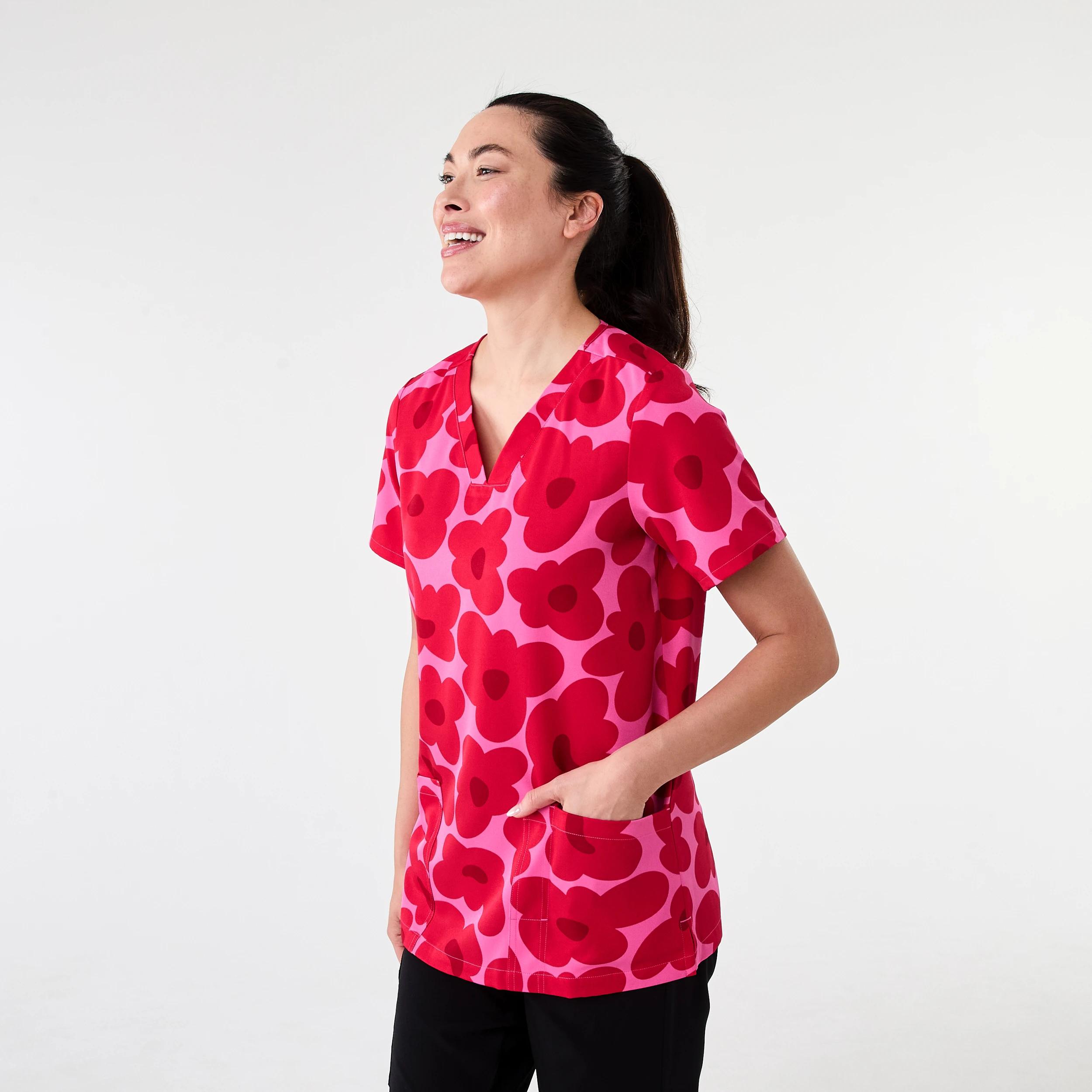 2 Womens Short Sleeve Print Scrub Top Pnk Flower, 2 of 7