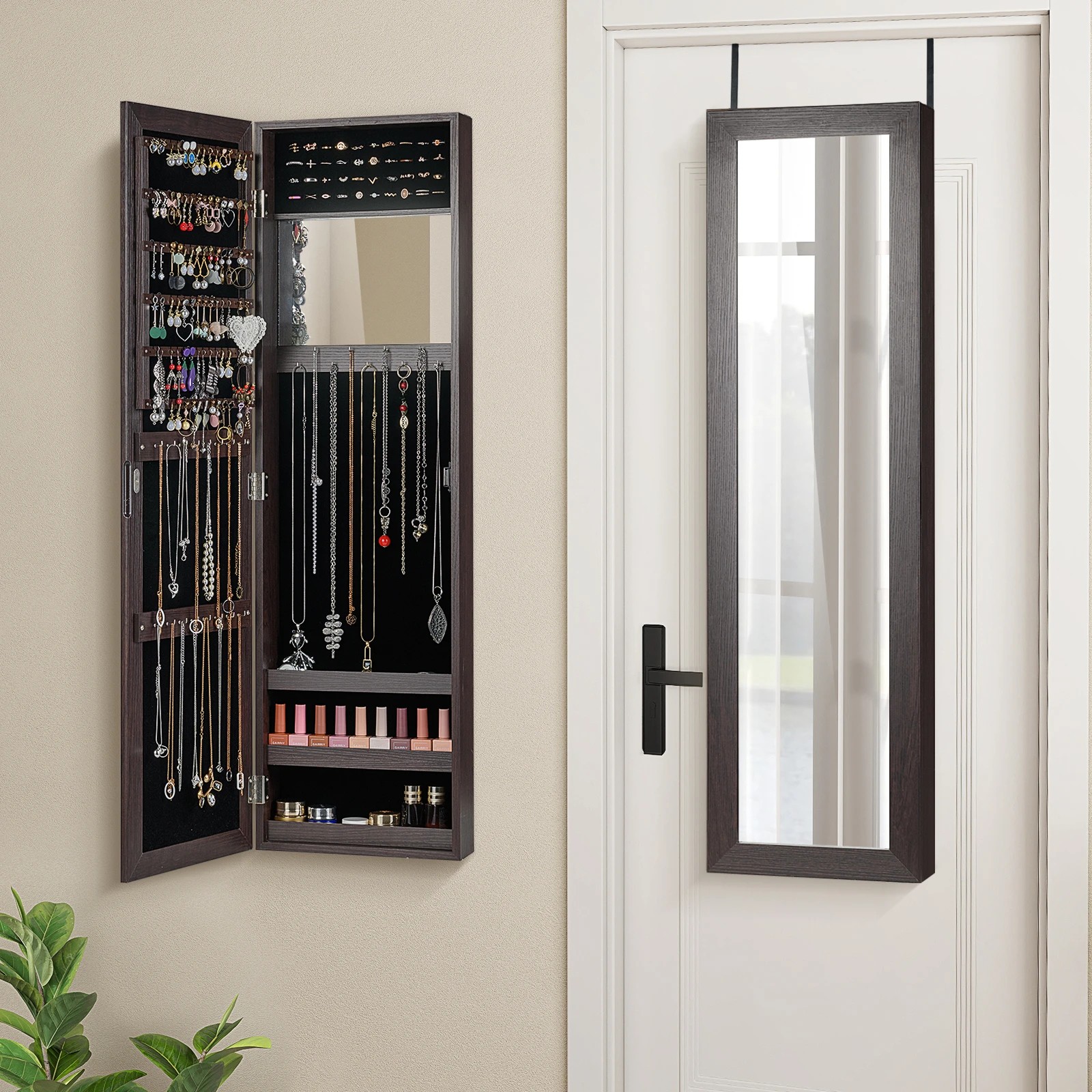 2 Costway Mirror Jewellery Cabinet Wall Mounted Jewelry Organiser w/2 Hanging Hook Storage Shelves - Brown, 2 of 4