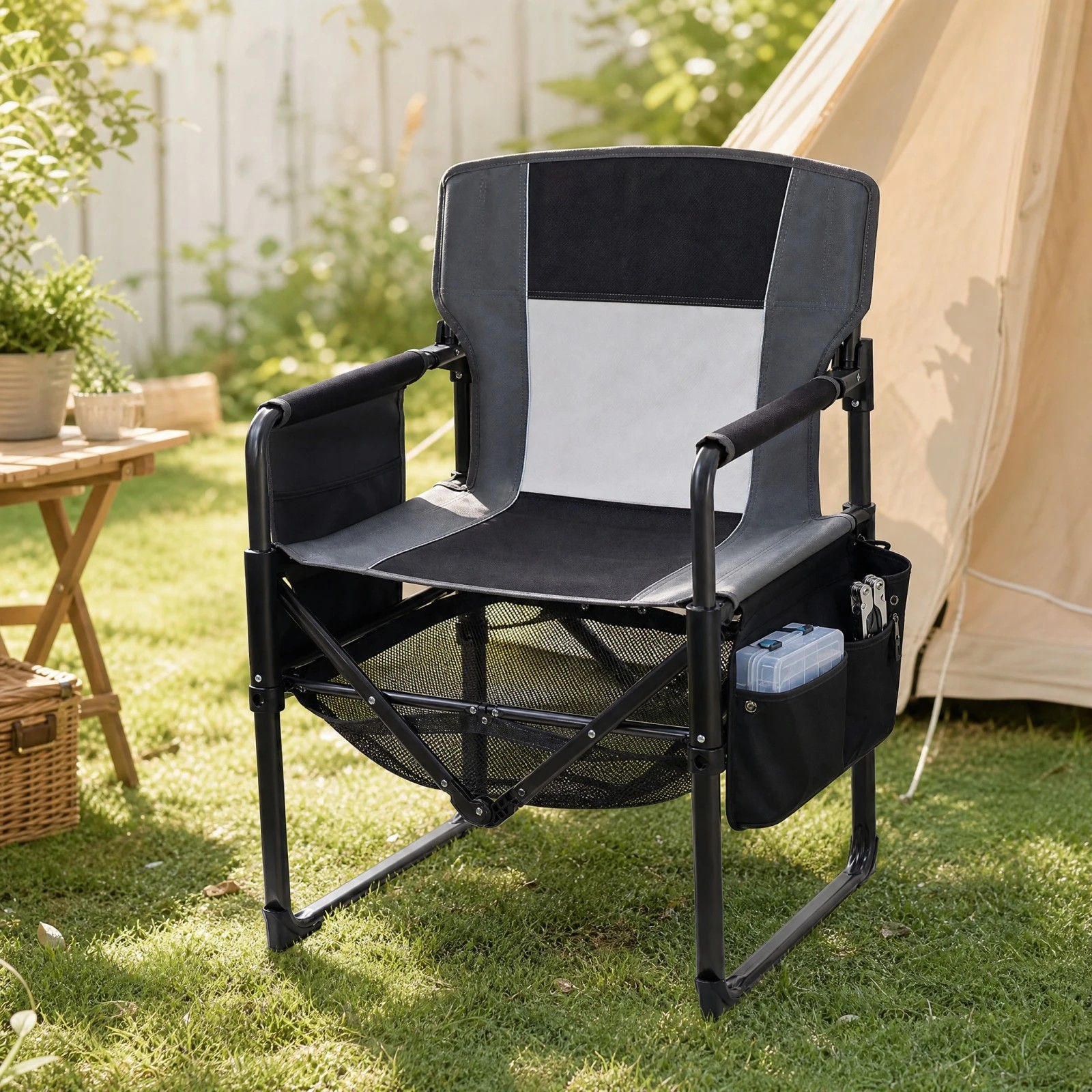 1 Costway Outdoor Camping Chair Folding Lawn Chair w/Cup Holder & Pocket Bottle - Black, 1 of 6