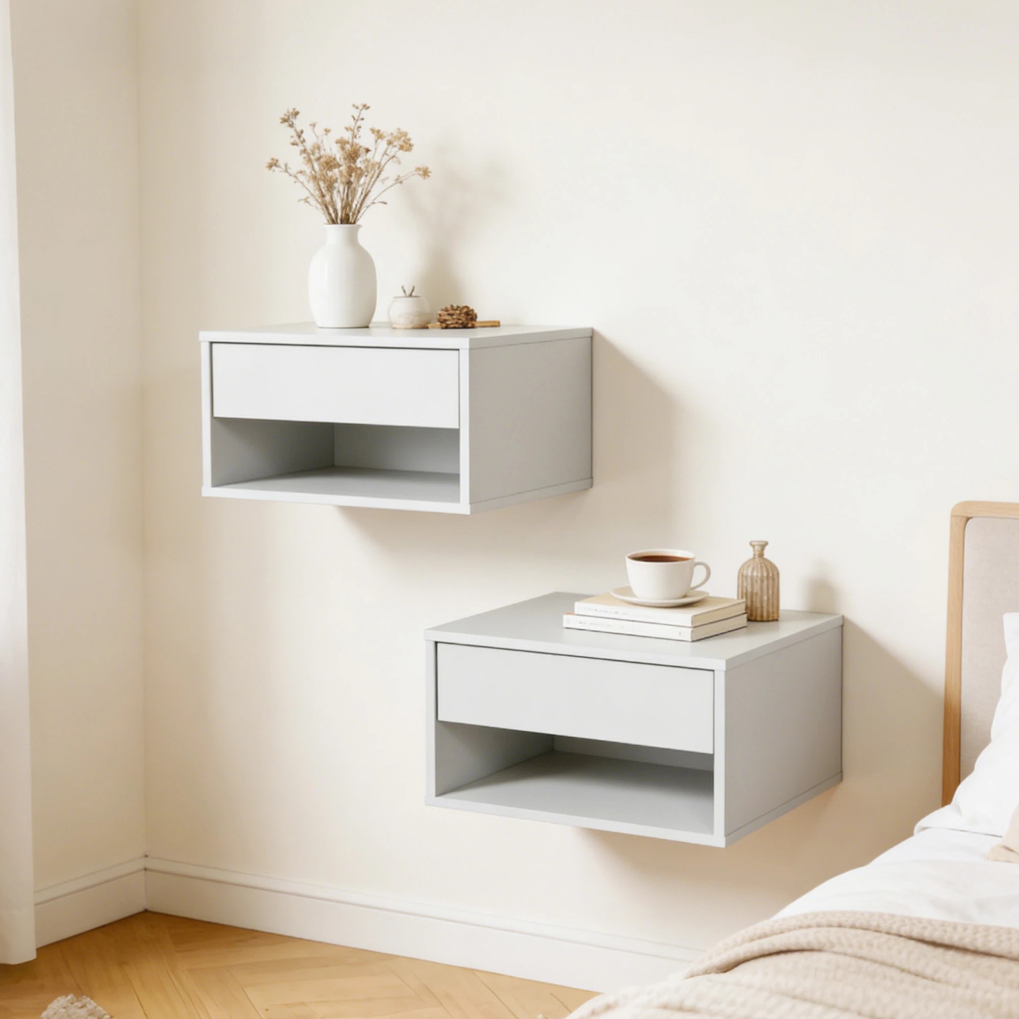 8 Levede 2 Floating Bedside Tables Storage Nightstand Bedroom Cabinet - White, 8 of 9