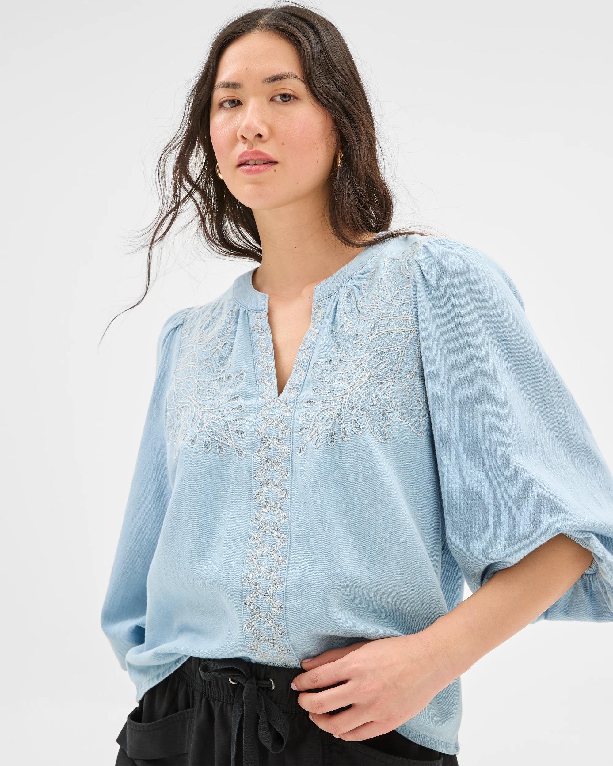 7 Target 3/4 Sleeve Chambray Embroidered Blouse CHAMBRAY, 7 of 7