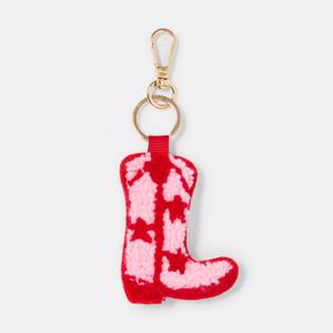 Fluffy Boot Charm Keyring - Gold Tone, Red and 
