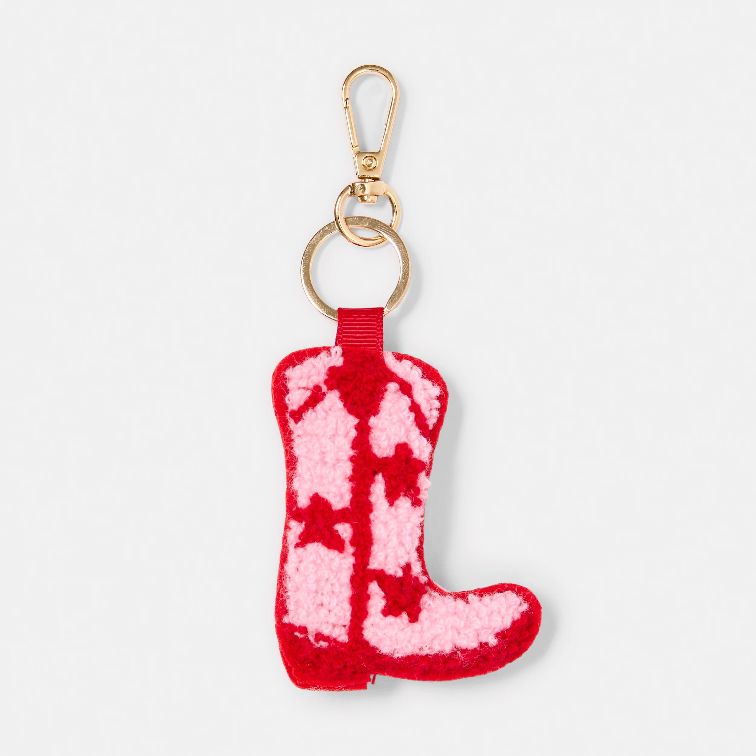 1 Fluffy Boot Charm Keyring - Gold Tone, Red and Pink, 1 of 3