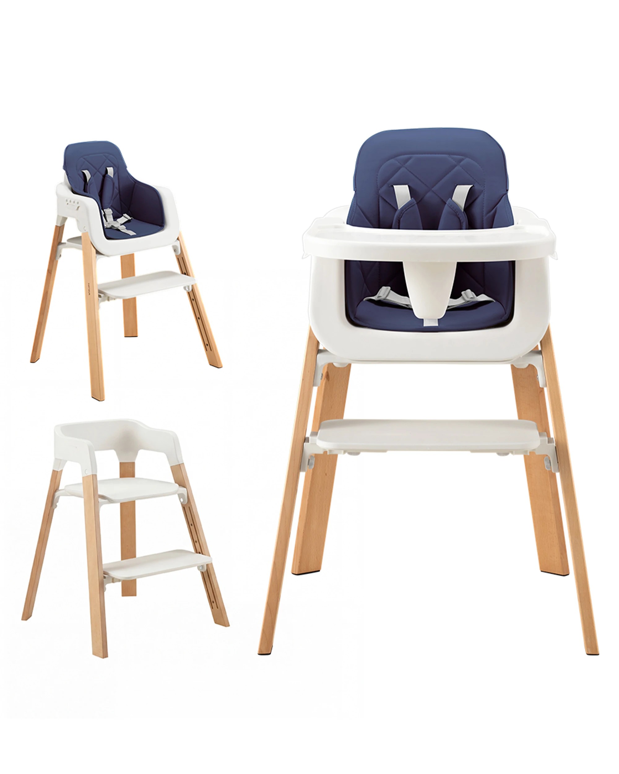 1 PlayPals 3-In-1 Baby High Chair Stable Wooden Feeding Chair Adjustable Tray & Footrest Blue, 1 of 9