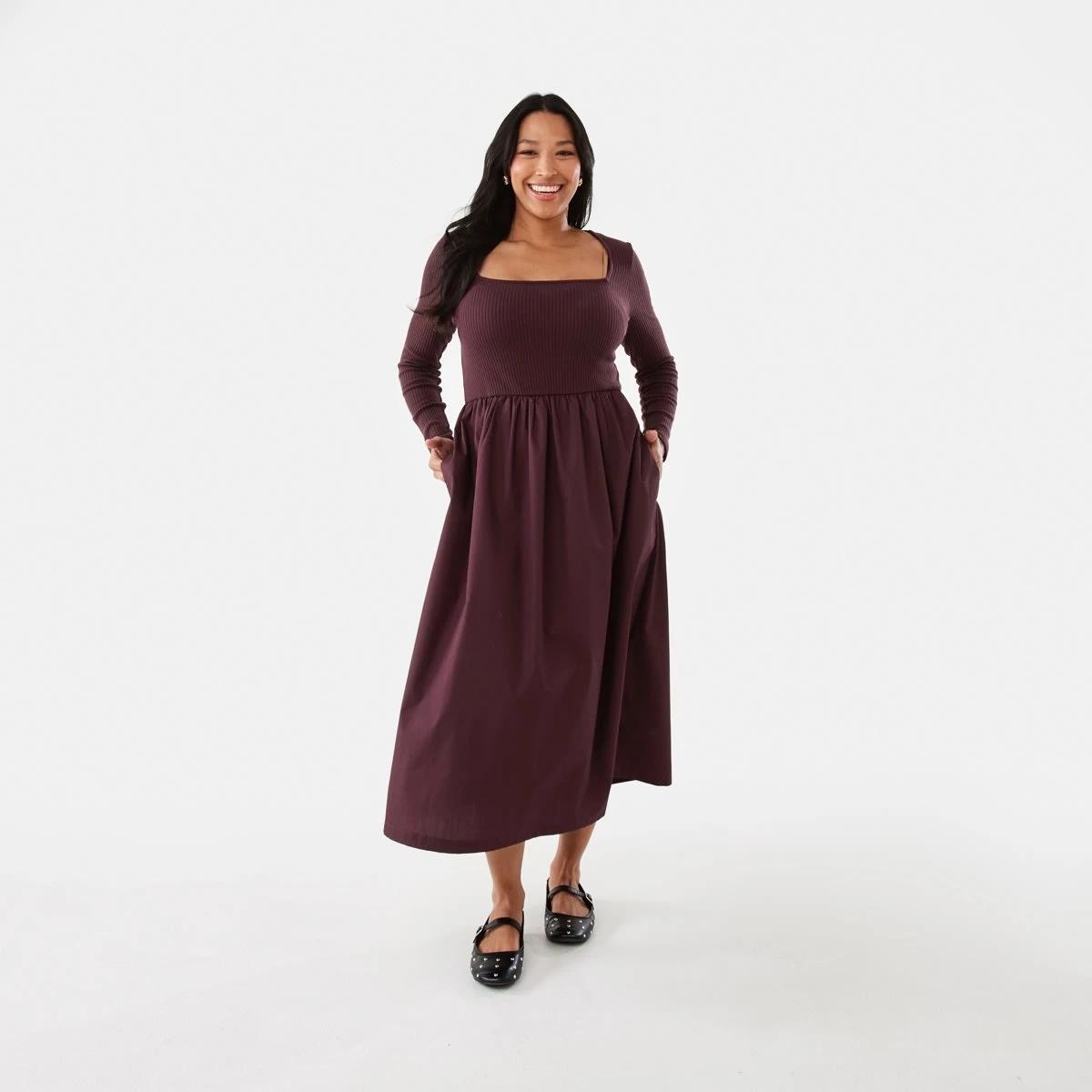 1 Long Sleeve Knit Woven Midi Dress Mulberry, 1 of 8