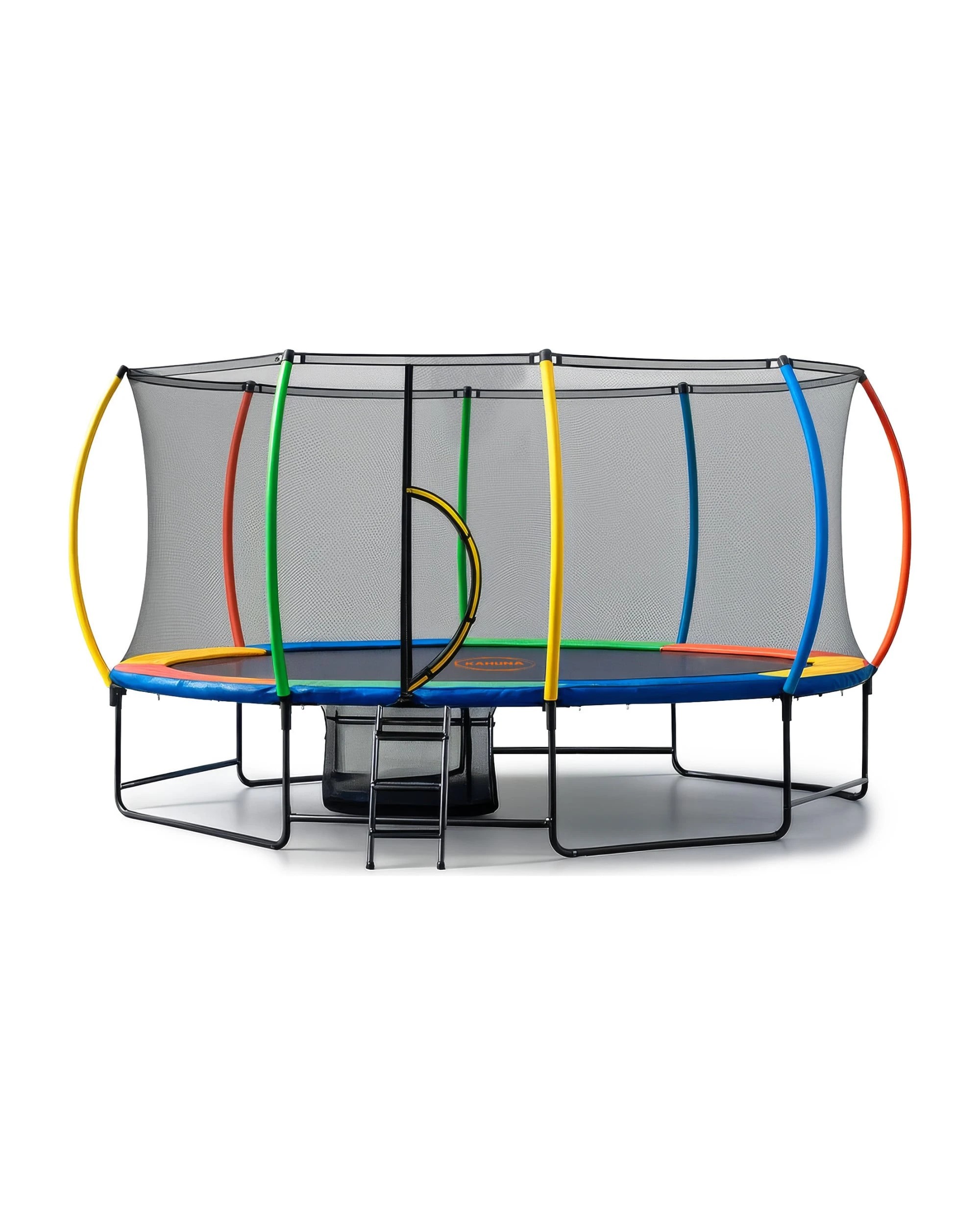 1 Kahuna 10 ft x 15 ft Oval Outdoor Trampoline with Reversible Rainbow and Orange Safety Pad Safety Net and Ladder, 1 of 6