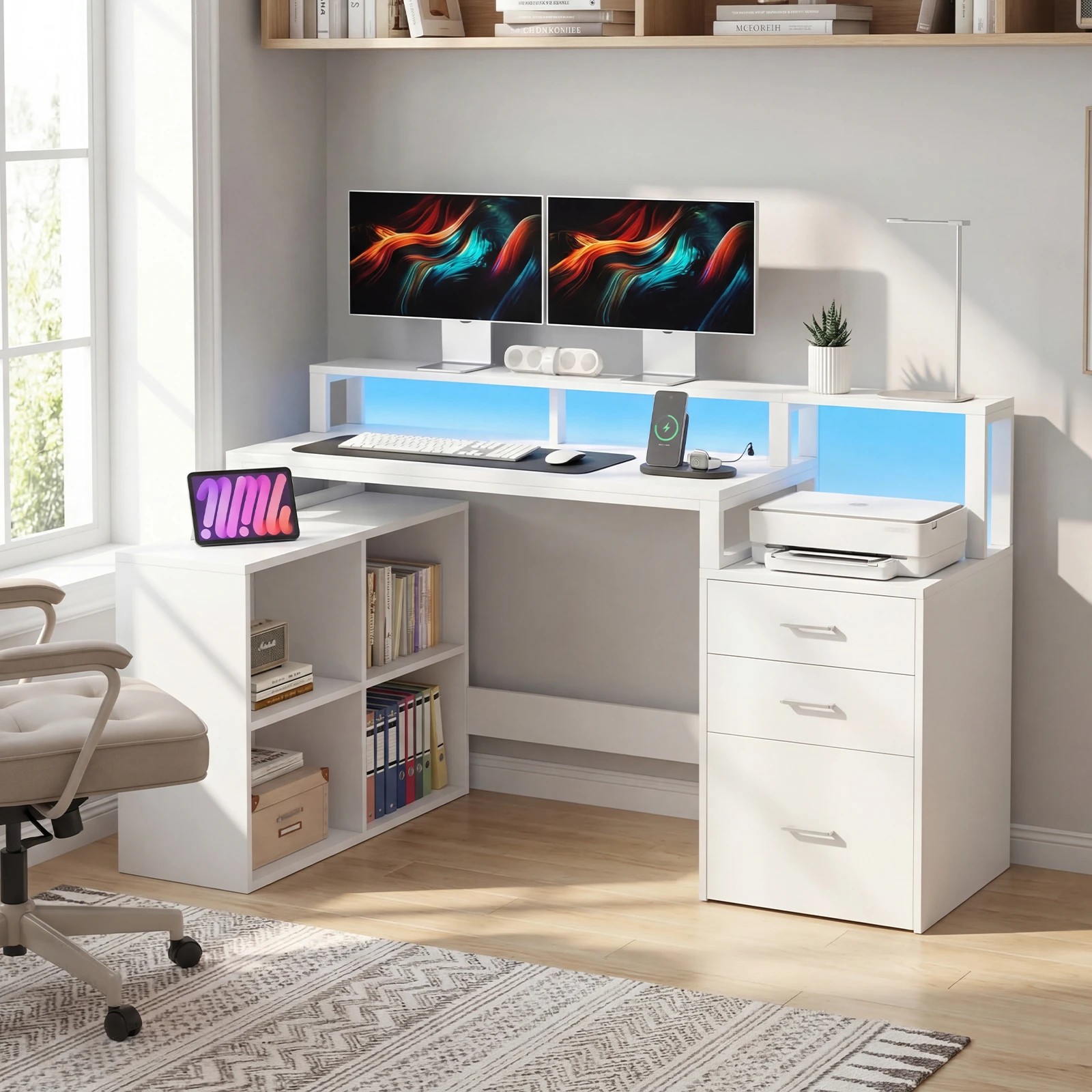 4 Advwin L Shaped Computer Desk with LED Lights & Power Outlets - White, 4 of 10