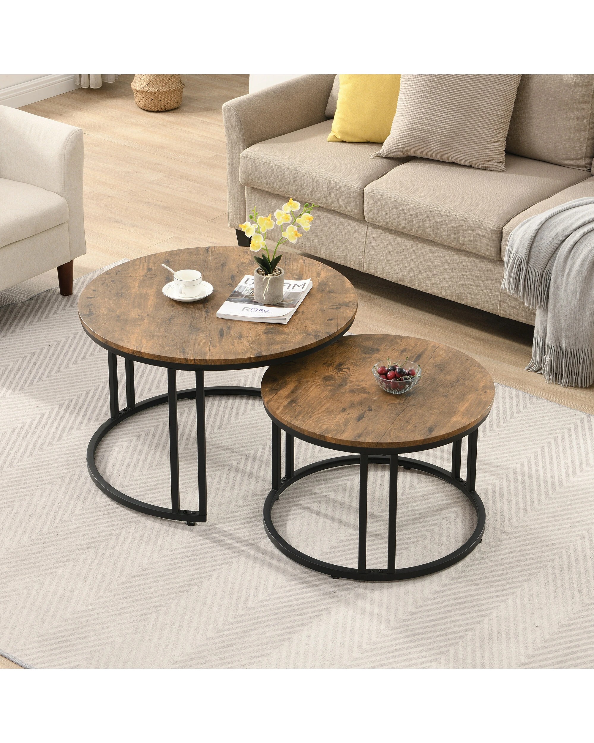 4 IHOMDEC Round Metal and Wooden Nesting Coffee table - Brown, 4 of 9