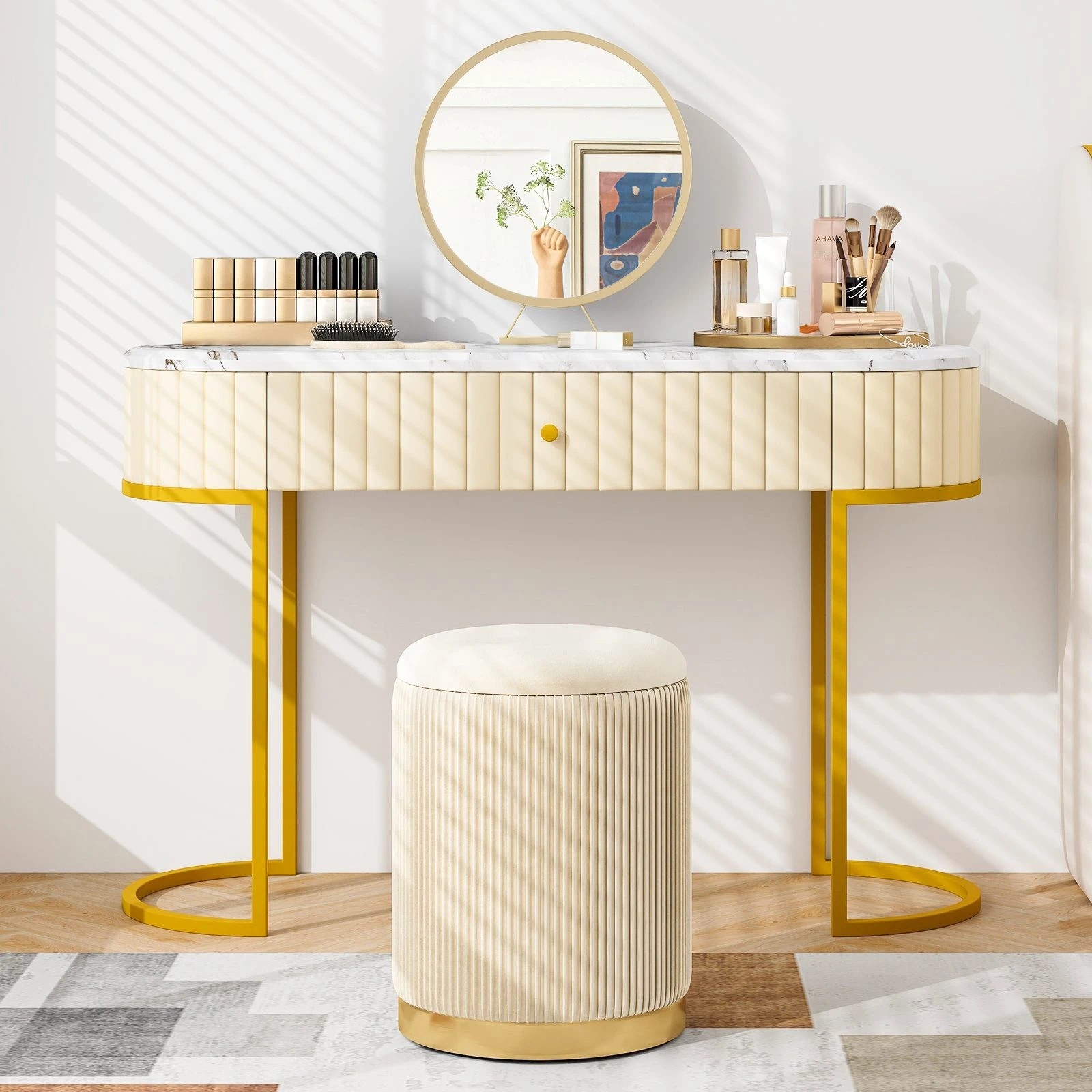 2 Costway 2PCS Storage Ottoman Vanity Stool Upholstered Chair, 2 of 3