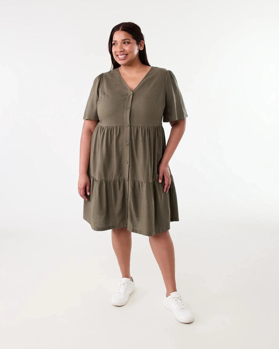 9 Curve Short Sleeve Button Through Midi Dress Deep Olive, 9 of 9