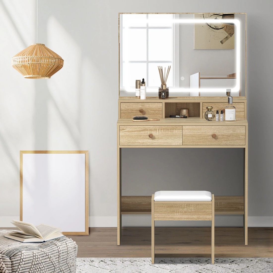 3 Oikiture Dressing Table Stool Set Led Mirror Vanity Desk With Drawers
 - Natural, 3 of 9