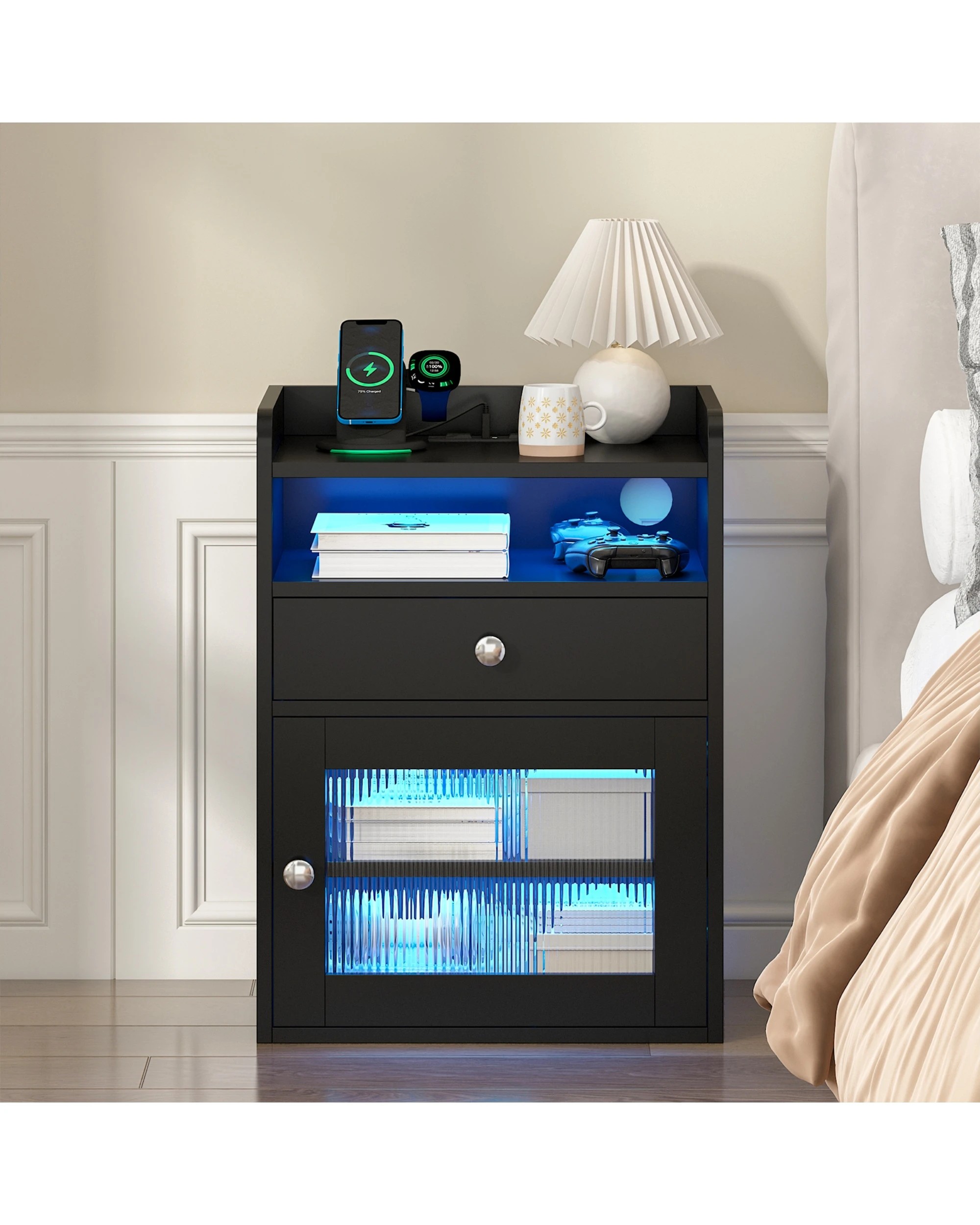 6 Advwin Bedside Table Acrylic Door With with Charging Station & LED Light - Black, 6 of 6