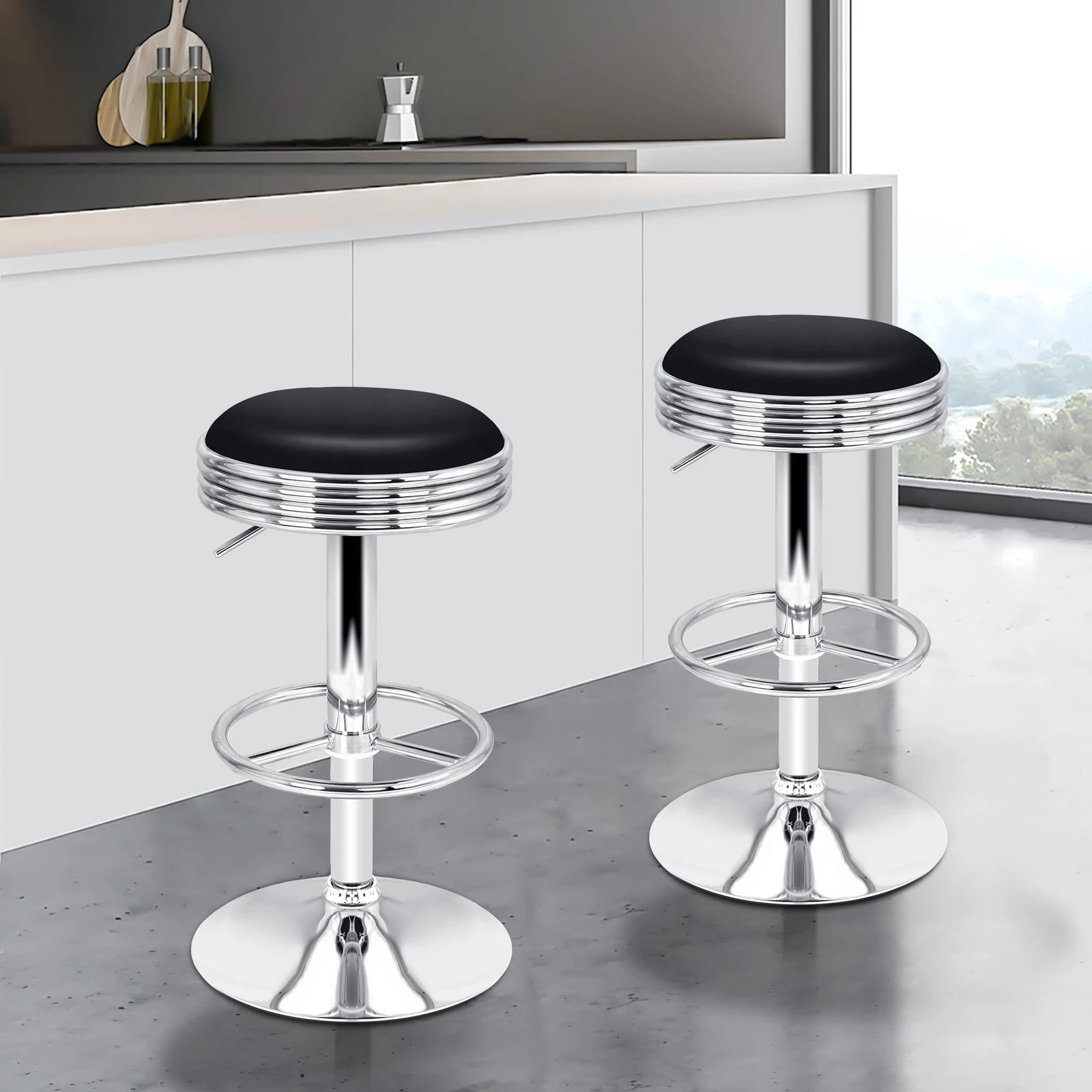 4 Alfordson 2x Bar Stools Sade Kitchen Swivel Chair Leather Gas Lift - Black, 4 of 9