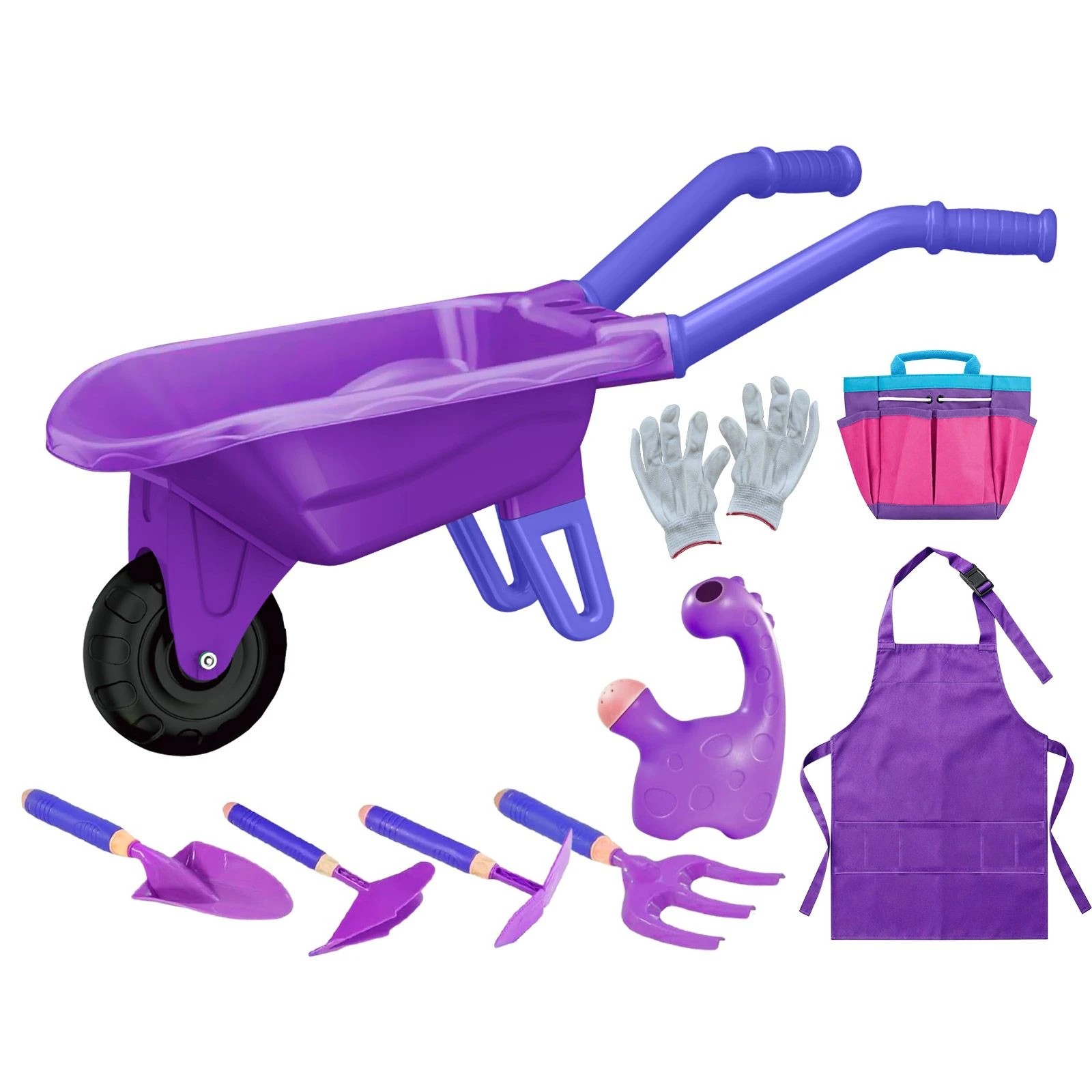 1 Ausway Kids Gardening Tool Toys Play Set Purple with Wheelbarrow, Shovel, Apron, Gloves & Watering Can, 1 of 6