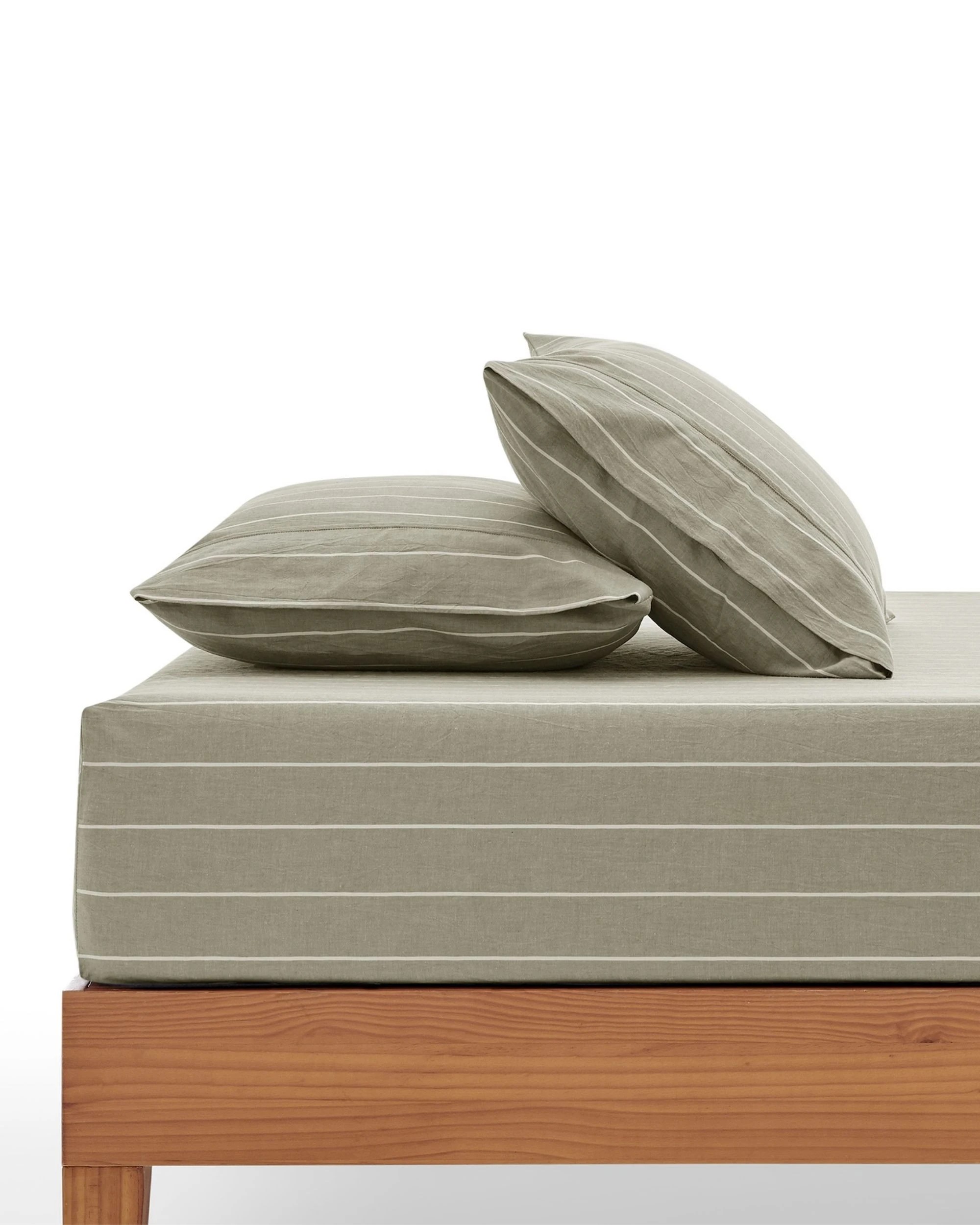 1 Dreamaker Rumi Stripe Washed Cotton Fitted Sheet Set - Single Bed - Olive with White, 1 of 6
