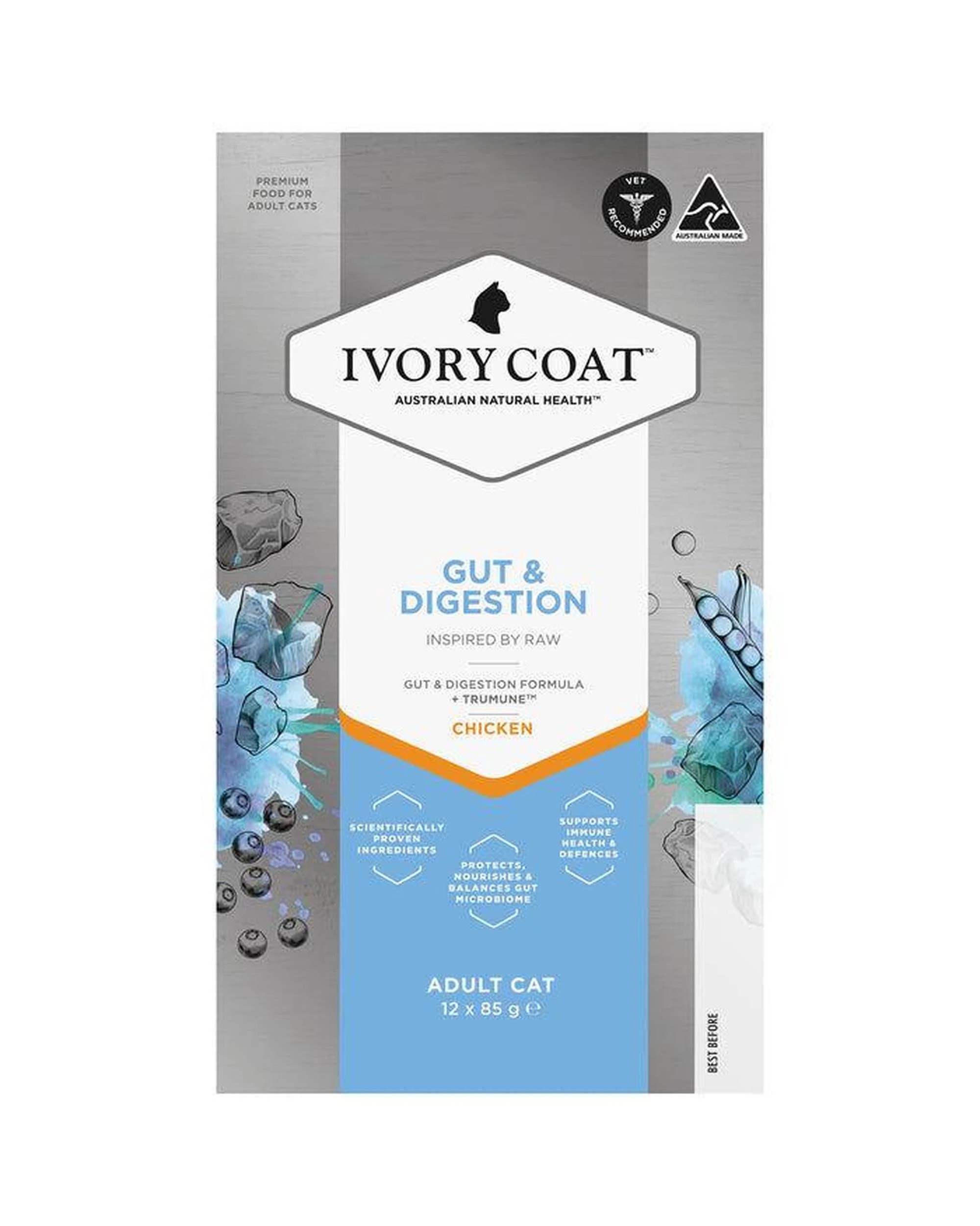 1 Ivory Coat Adult Inspired by Raw Gut & Digestion Cat Food Chicken 12 x 85g, 1 of 6