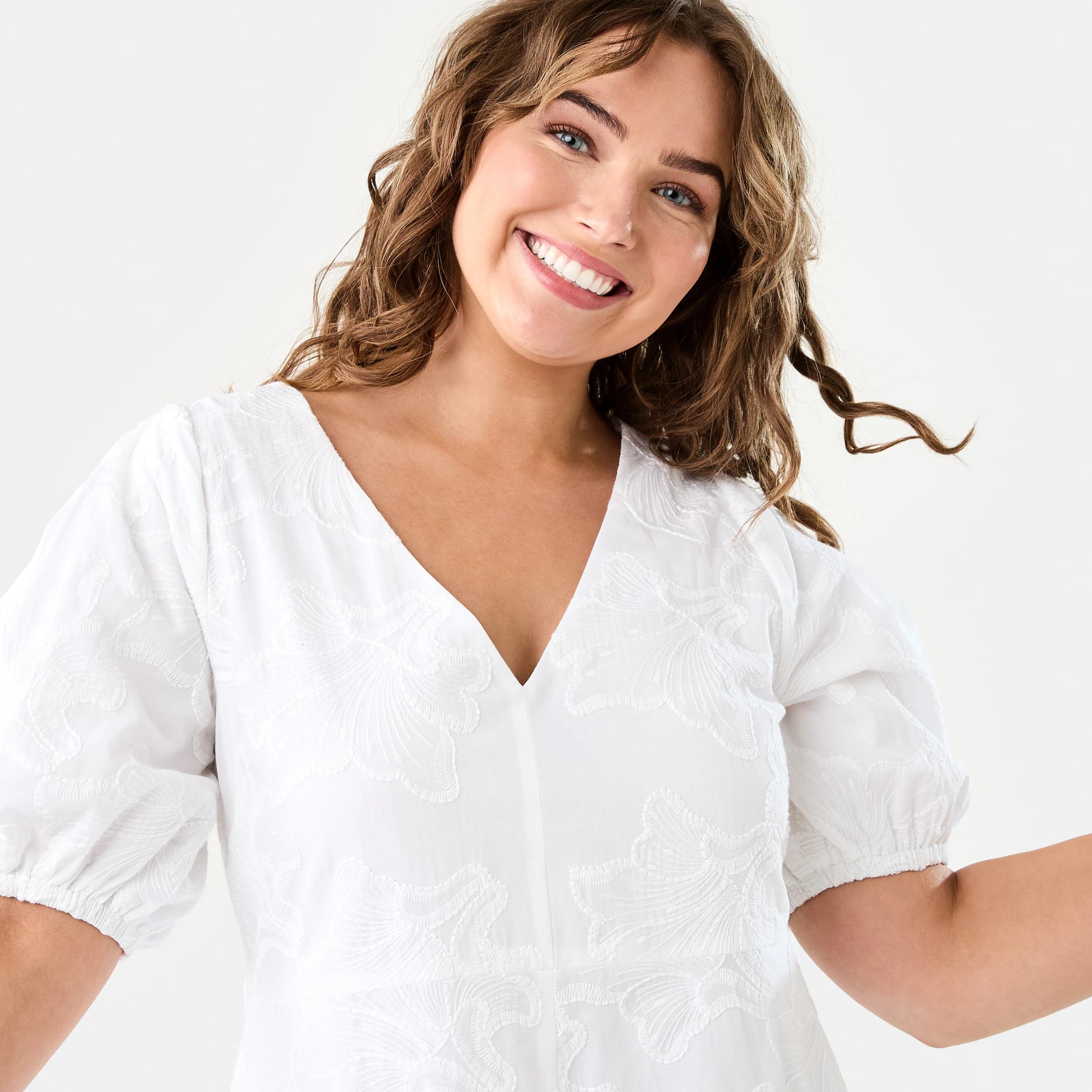 5 Short Sleeve Broderie Puff Sleeve Mini Dress White, 5 of 10