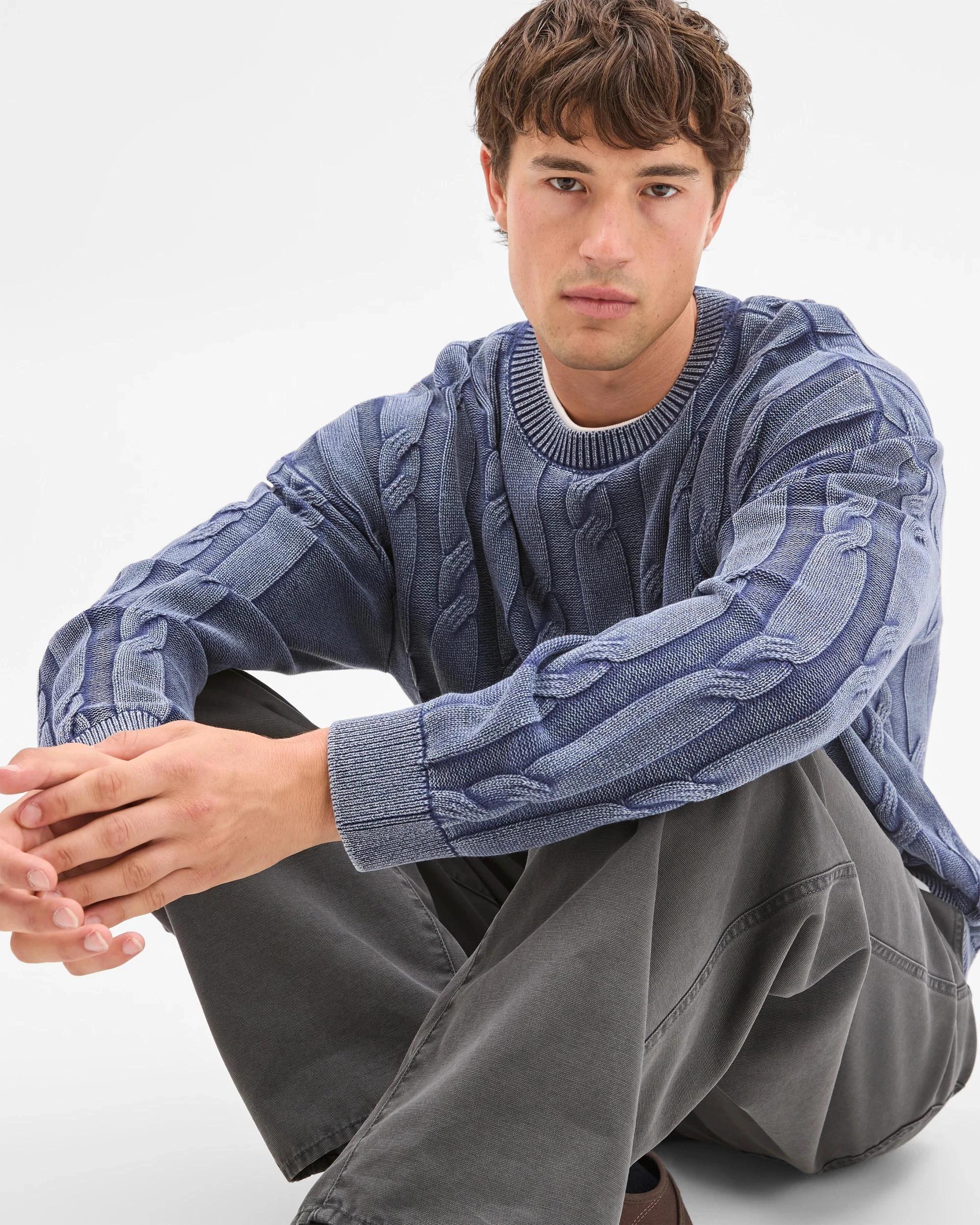 3 Commons Australian Cotton Cable Knit Washed Crew Jumper ACID NAVY, 3 of 8