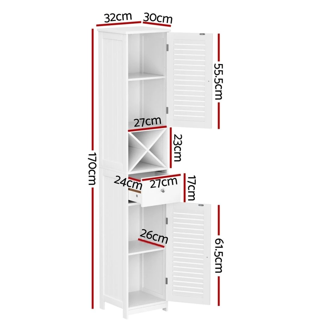 1 Artiss Bathroom Storage Cabinet 170cm Tall Slim Organiser Toilet Corner Adjustable Shelf Louver - White, 1 of 6