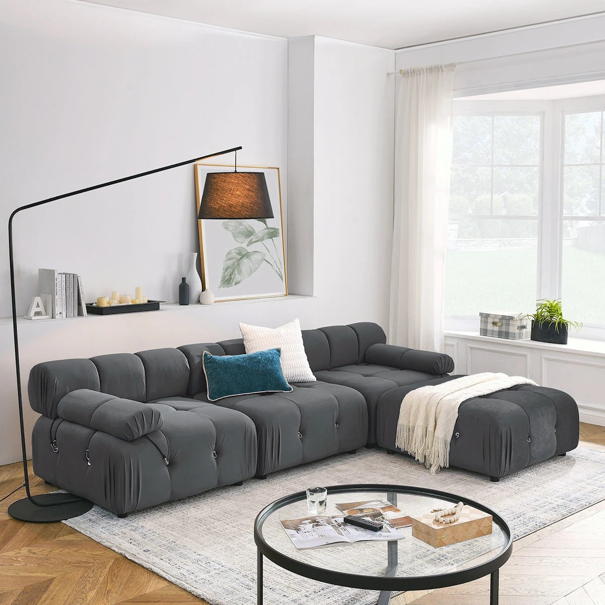 3 Foret 6 Seater Sofa Modular Arm Ottoman Tufted Velvet Lounge Couch Chaise Dark Grey, 3 of 9
