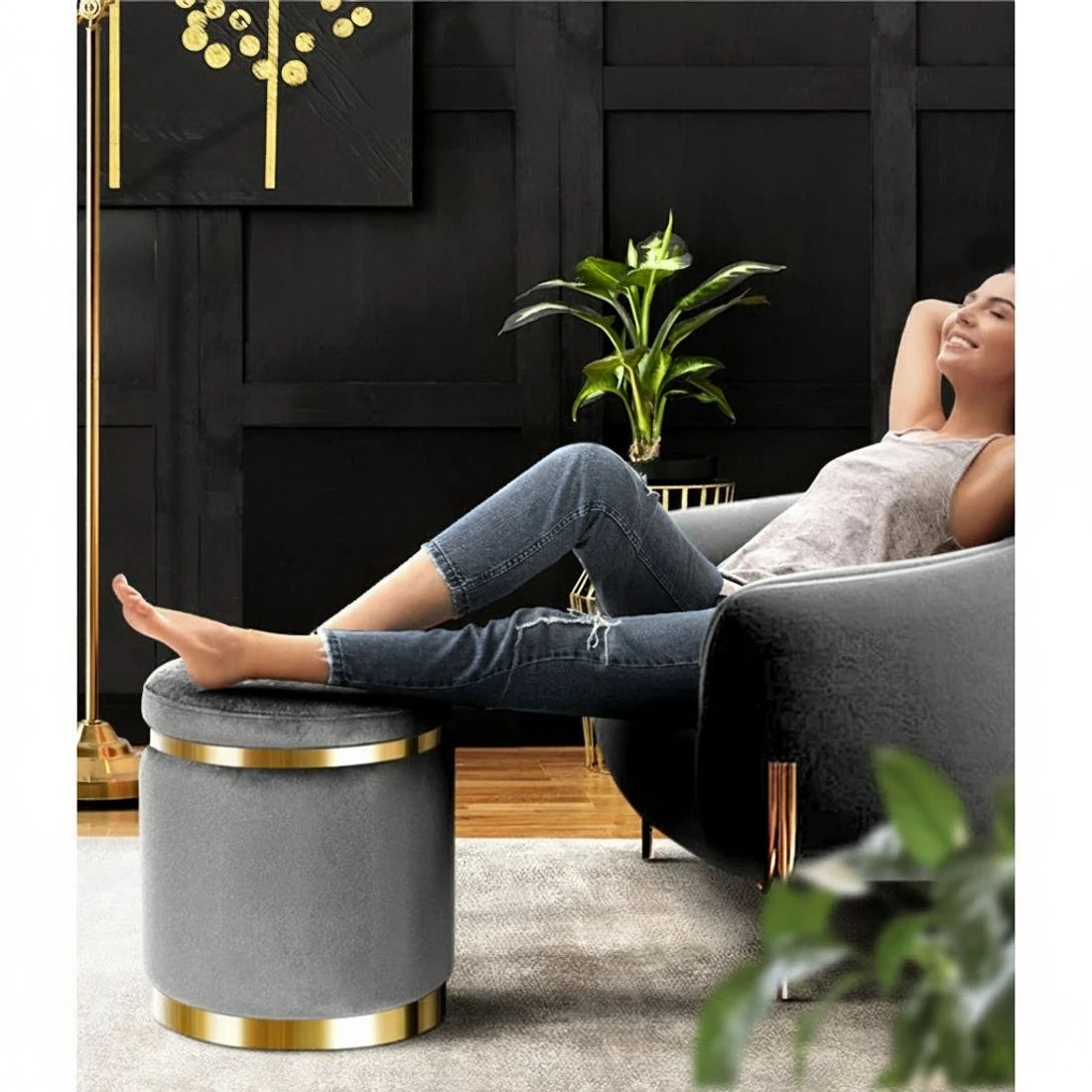 4 Artiss Ottoman Foot Stool Round Velvet Charcoal - Charcoal, 4 of 6