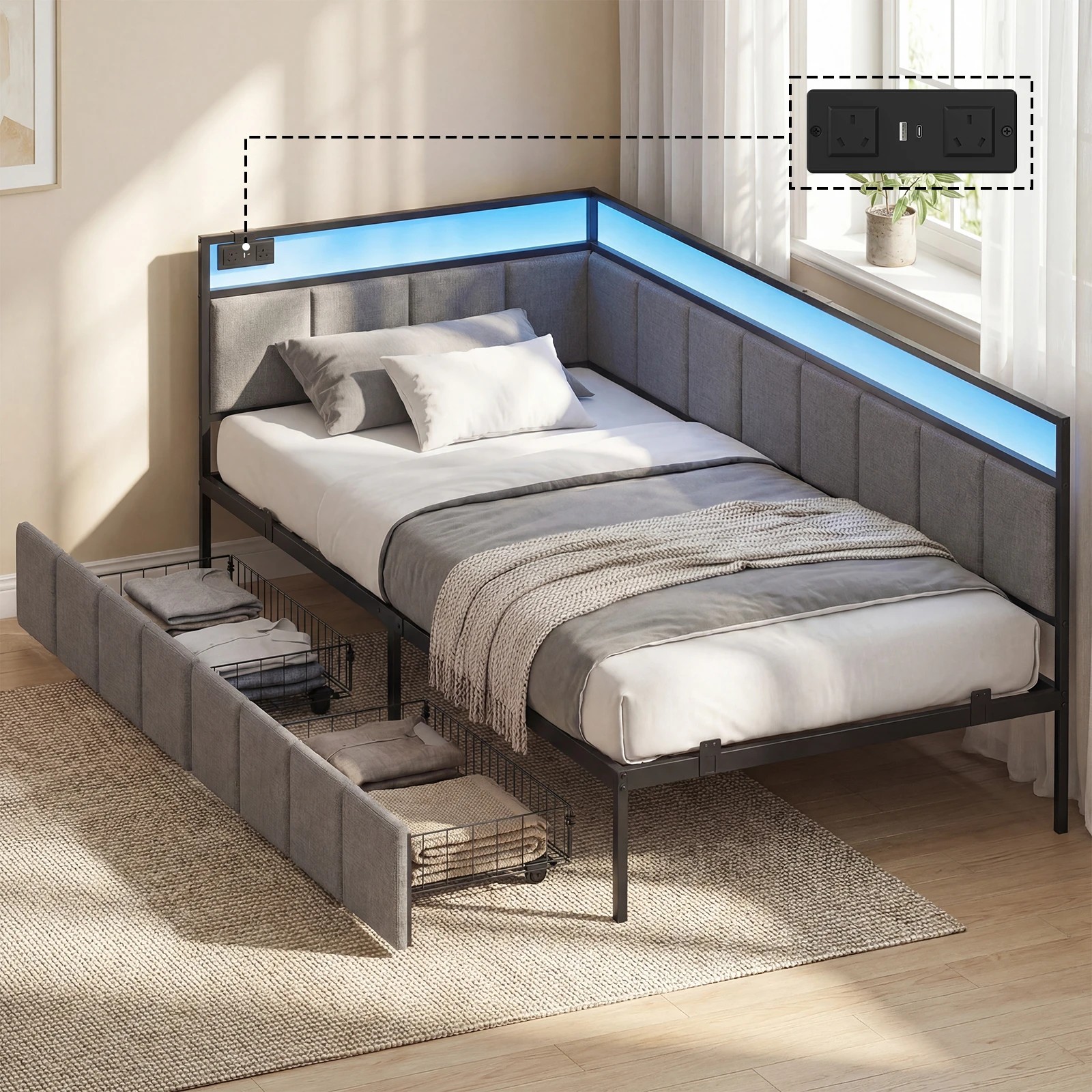 8 Advwin Single Corner Bed Frame with Charging Station and LED Light - Grey, 8 of 10