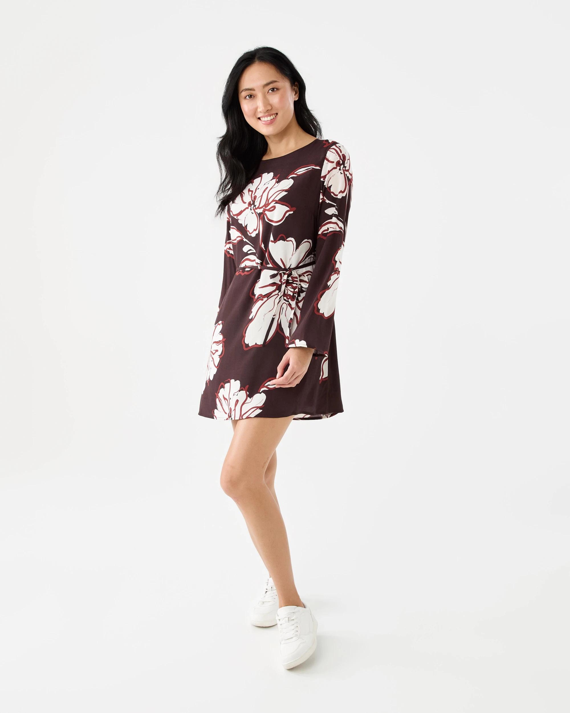 9 Long Sleeve Crepe Tie Mini Dress Abst Cloud, 9 of 9