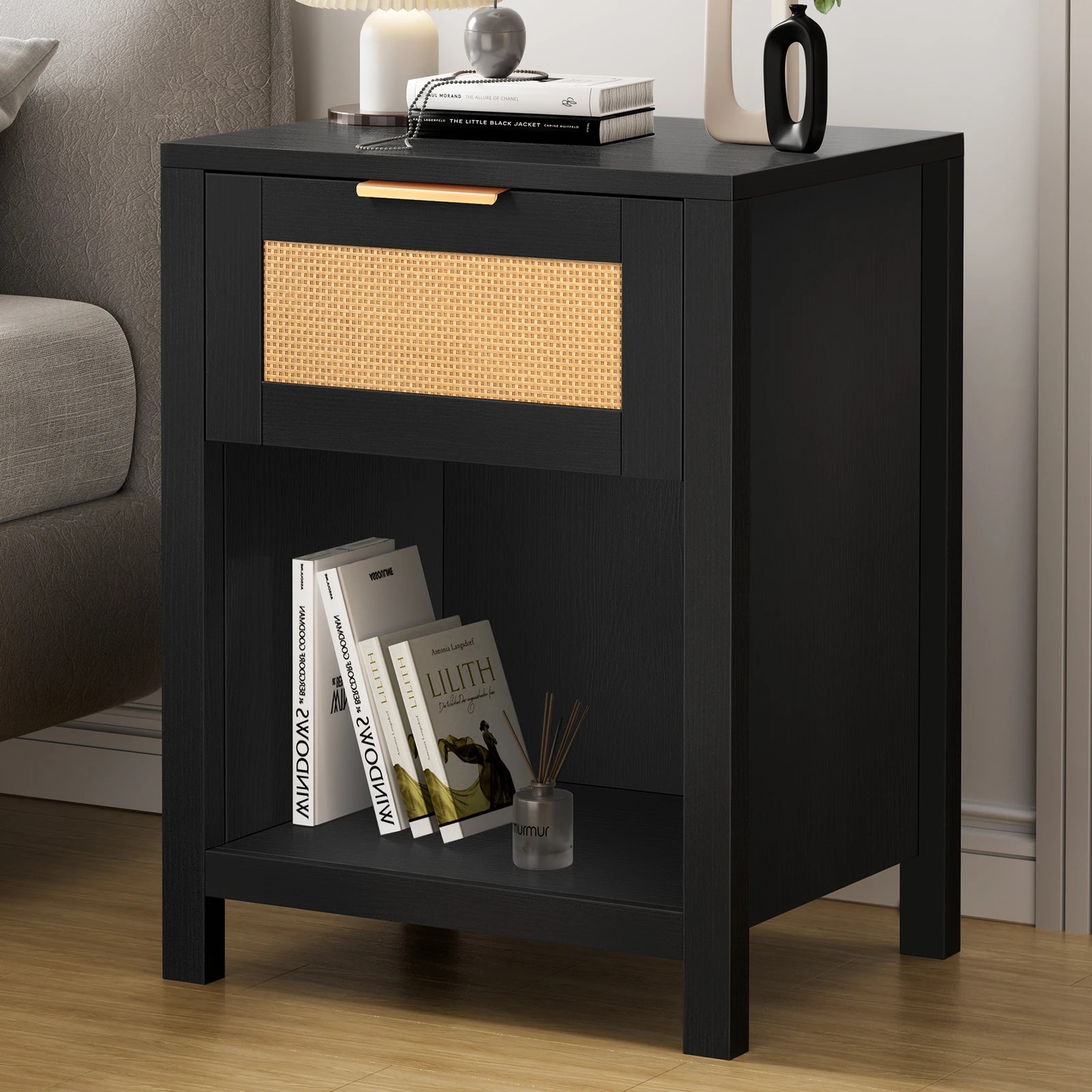 2 Alfordson Bedside Table Nightstand Side End 1 Drawer Storage Shelf - Black, 2 of 10