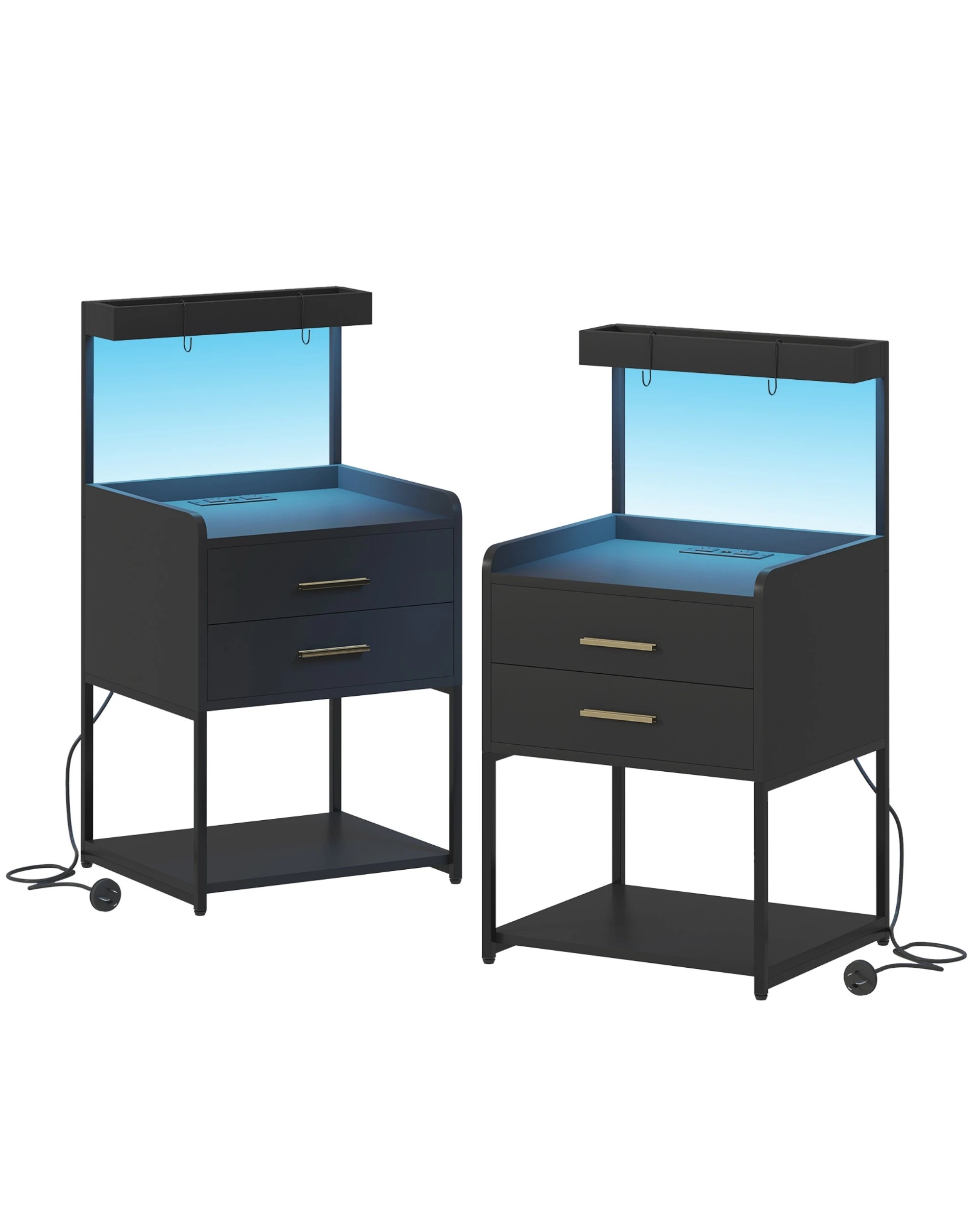 1 Advwin 2 Pcs Bedside Table with Charging Station Led Lights 2 Drawers Open Shelves - Black, 1 of 6