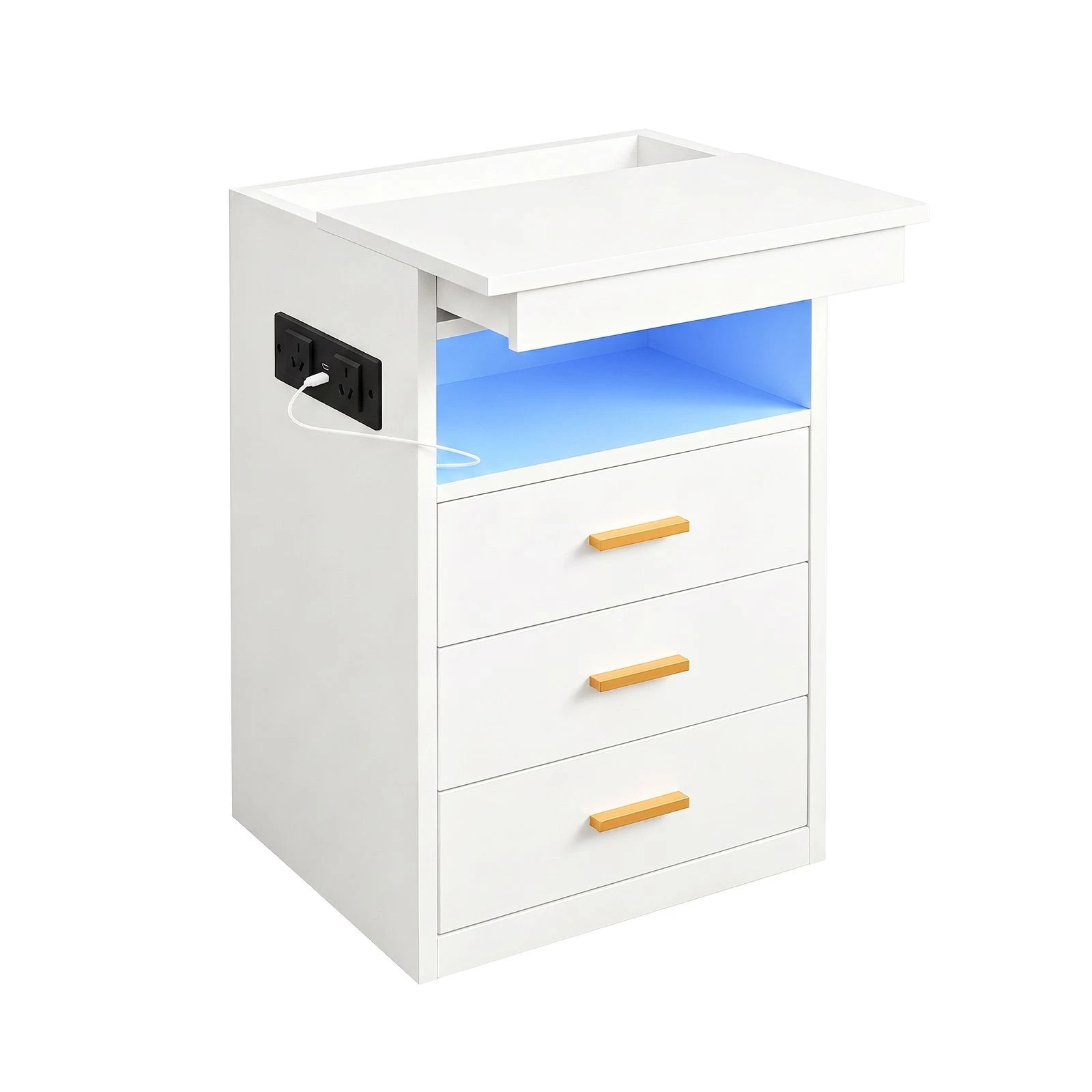 LUXSUITE Bedside Table LED Nightstand with 3 Drawers, Charging Station ...