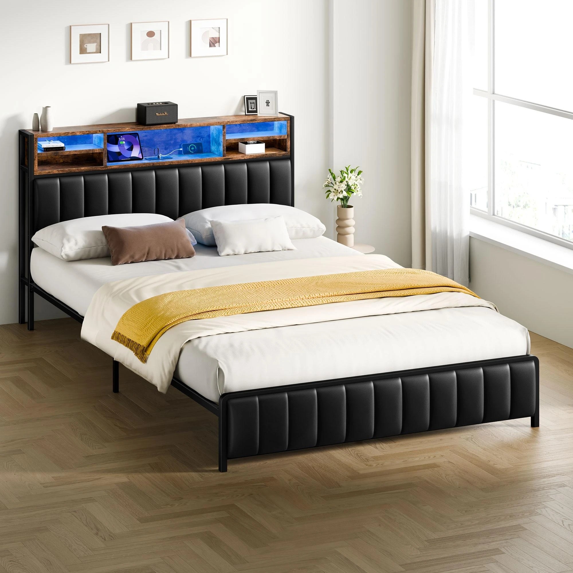 2 Alfordson Bed Frame Double LED Charging Station Leather - Black, 2 of 10
