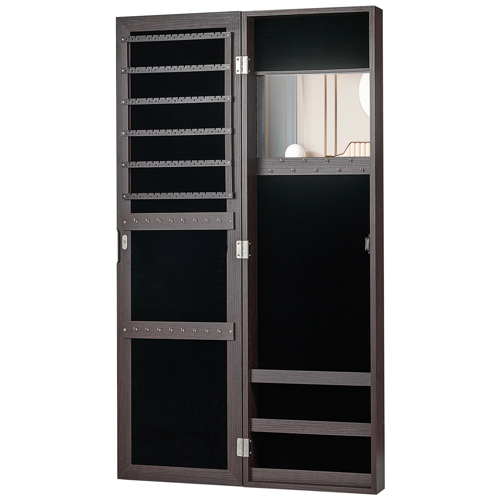 1 Costway Mirror Jewellery Cabinet Wall Mounted Jewelry Organiser w/2 Hanging Hook Storage Shelves - Brown, 1 of 4