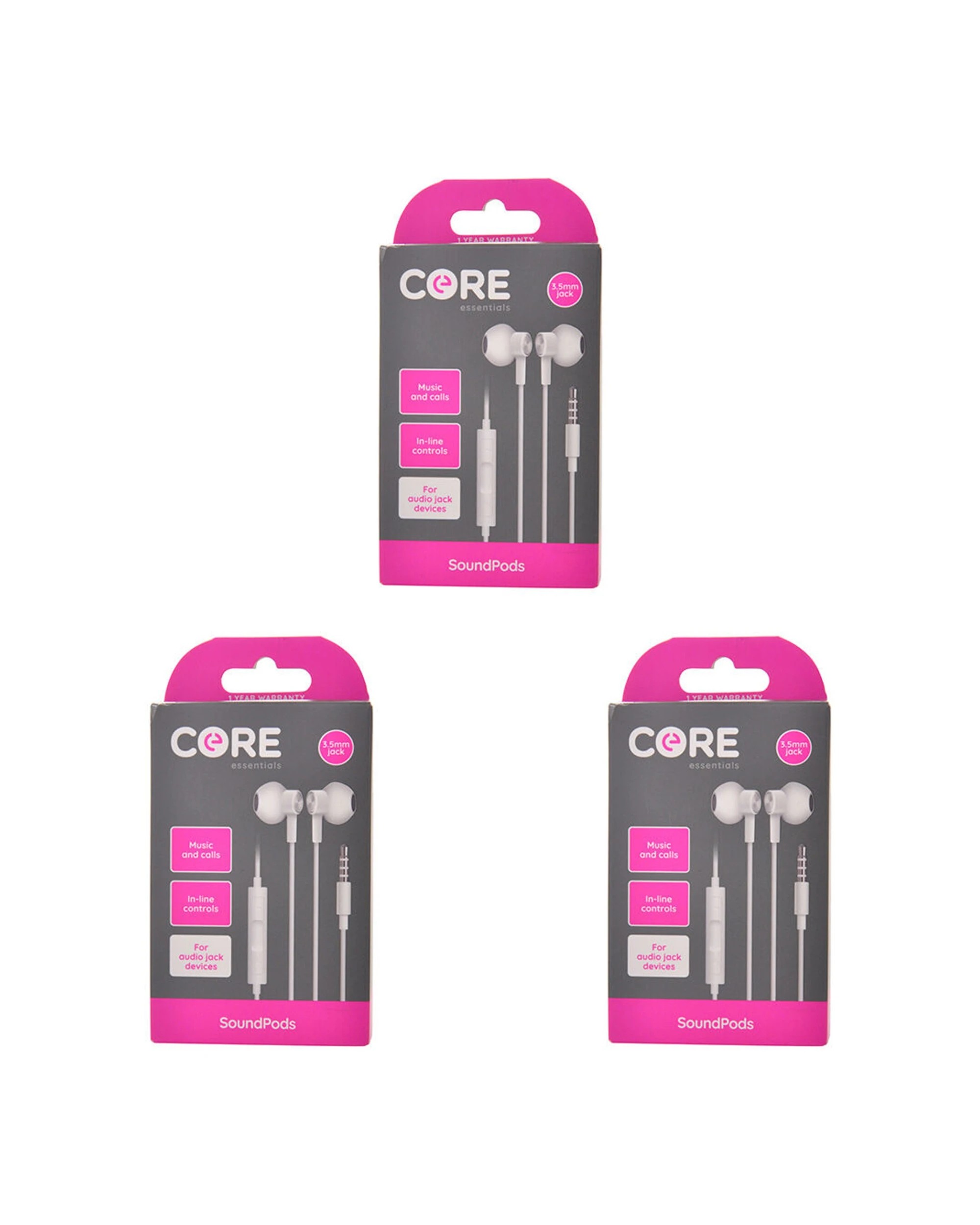 1 CORE Core Essentials Soundpods 3PK In-Ear Headphones Wired Earphones Mic
 - white, 1 of 4