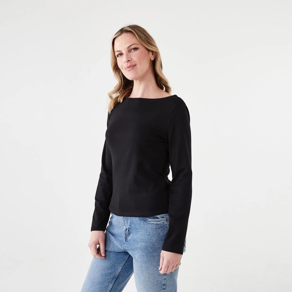 2 Long Sleeve Modal Boat Neck Top BLACK, 2 of 5