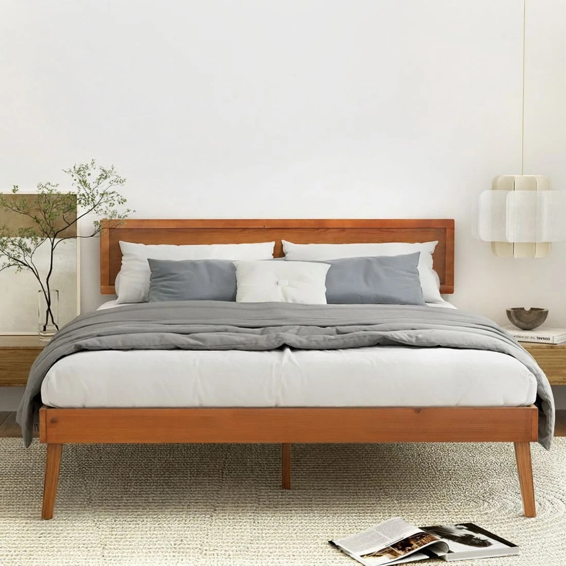 4 Artiss Bed Frame Queen Size Wooden Bed Base Walnut SPLAY - Brown, 4 of 7