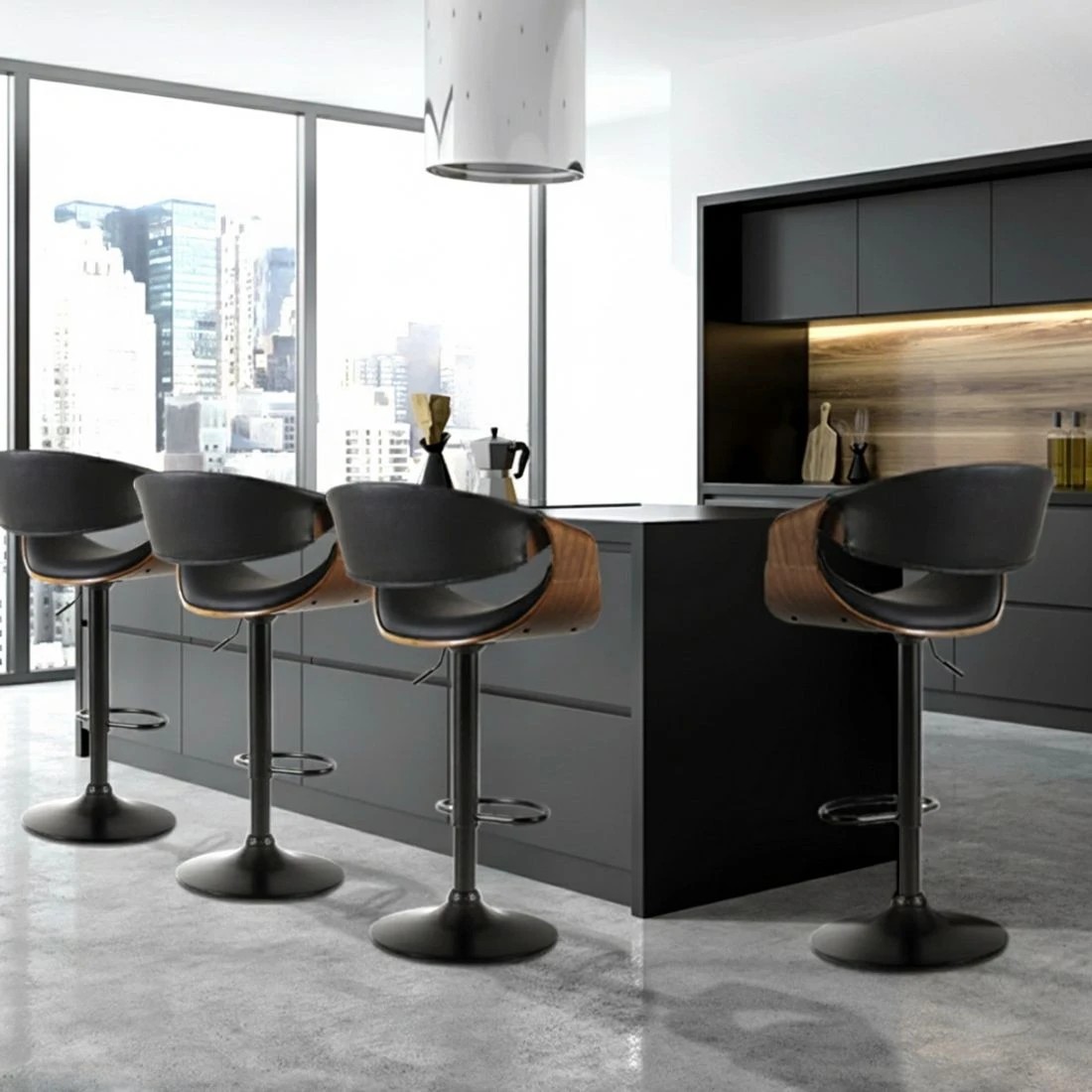 4 Artiss 4x Bar Stools Gas Lift Leather w/Armrest - Black, 4 of 5