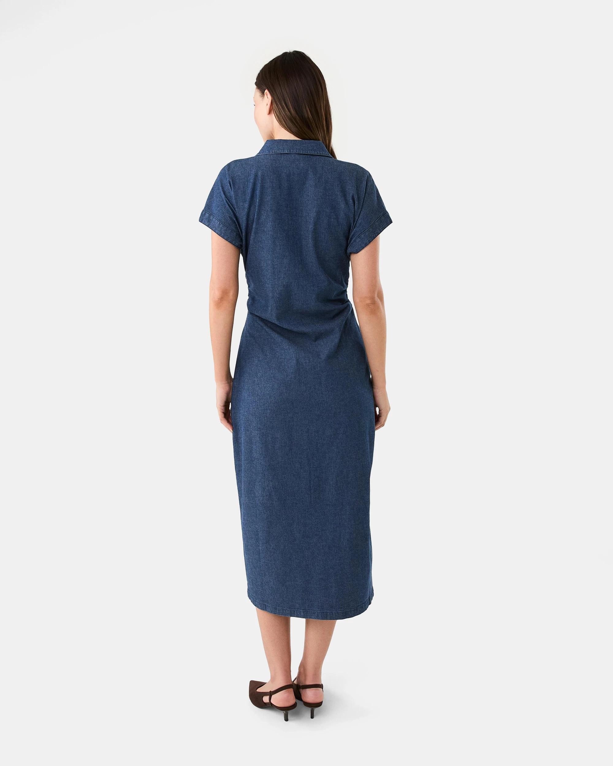 3 Short Sleeve Denim Gathered Midi Dress Dark Denim, 3 of 7