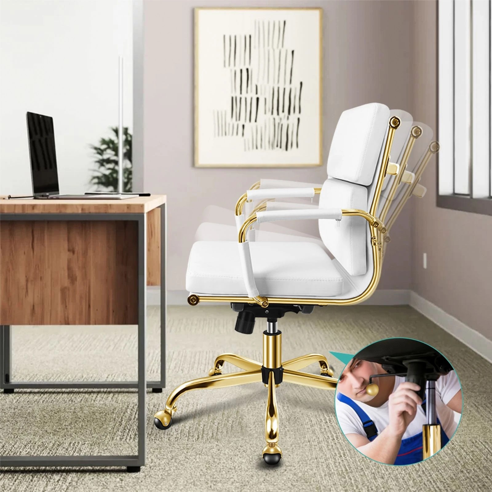 2 Alfordson Office Chair Ergonomic Paddings Executive Computer Work Seat Mid Back - White, 2 of 10