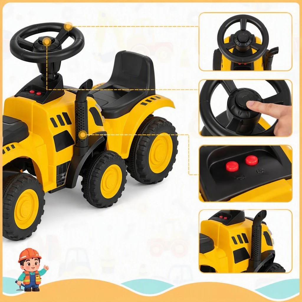 3 Costway Battery-Operated Sliding Tractor Toy Ride On Tractor w/Beach Rake & Shovel - Yellow, 3 of 7