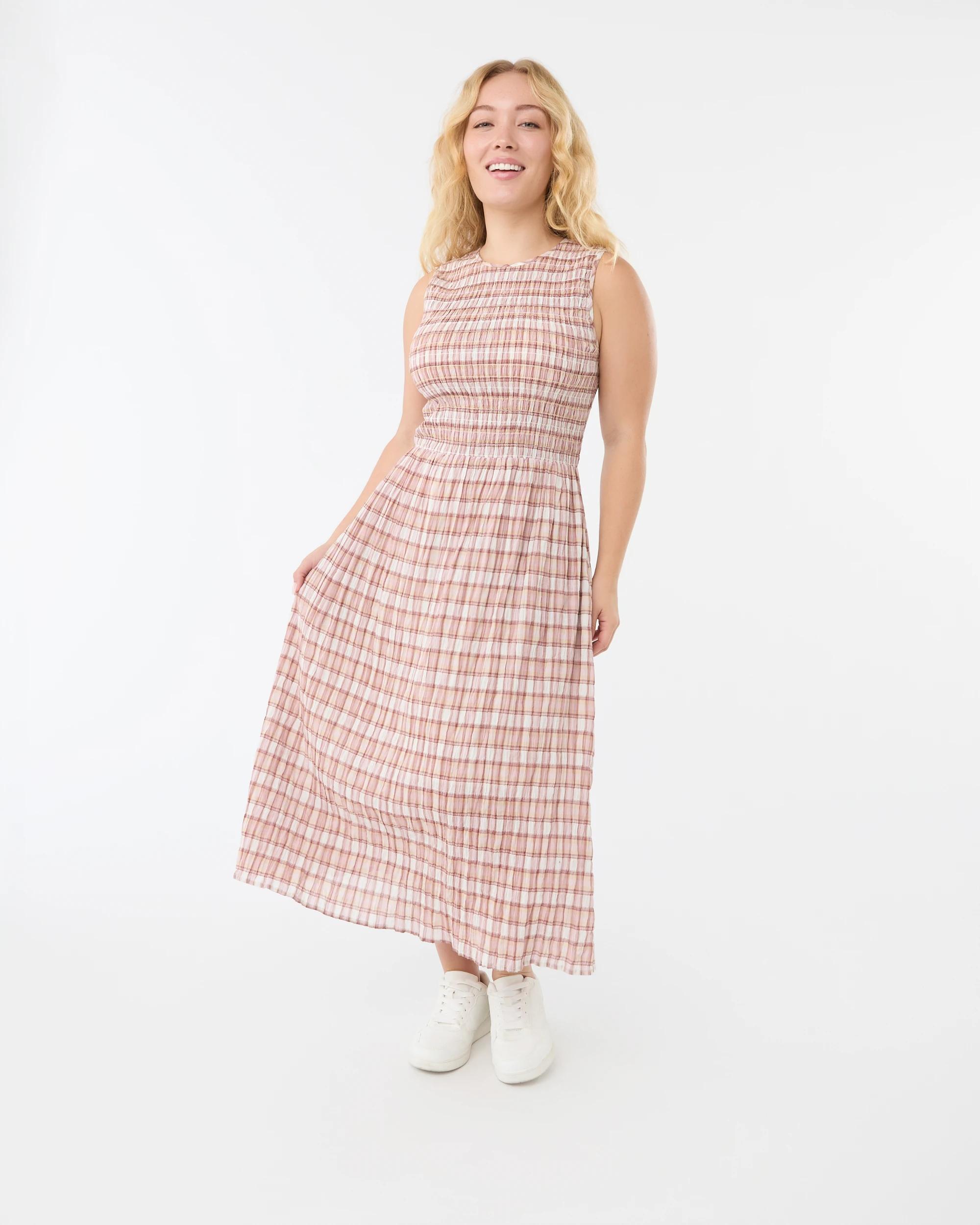 1 Sleeveless Shirred Bodice Midi Dress Check Wp, 1 of 7