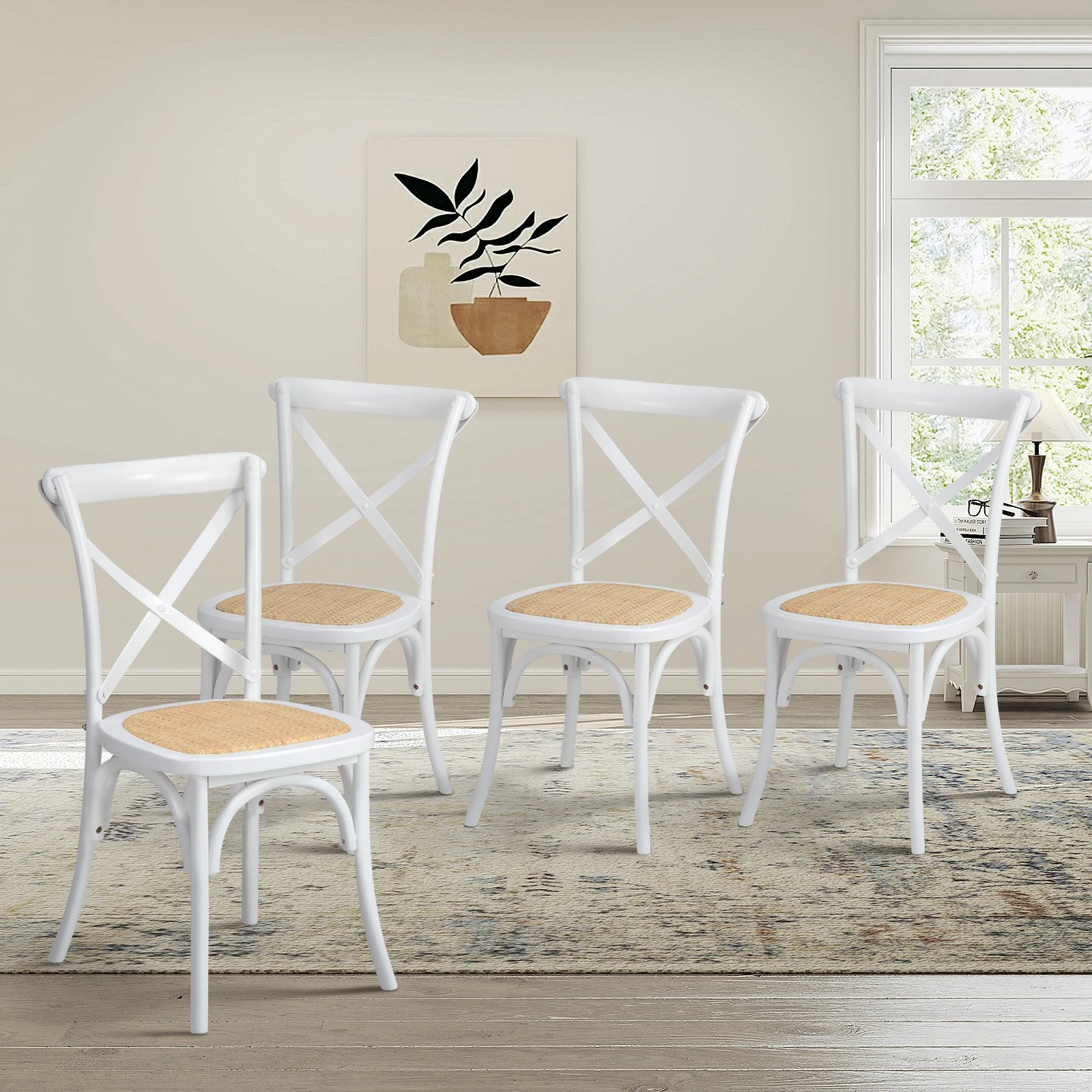 2 Oikiture 4PCS Crossback Dining Chair Solid Birch Timber Wood Ratan Seat - White, 2 of 9