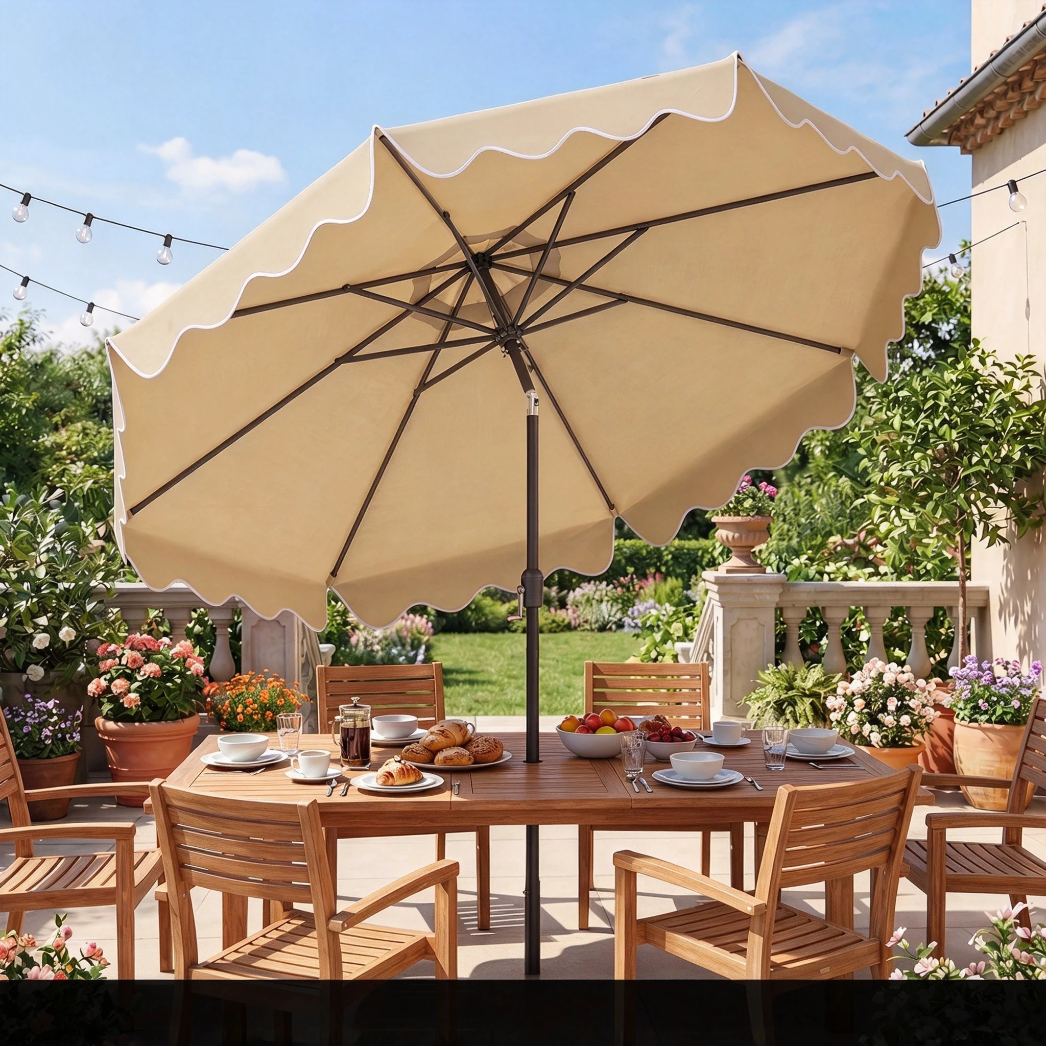 3 Costway 2.7M Patio Umbrella Tilt Metal Sun Canopy Ruffled Double-Tier Crank - Beige, 3 of 4