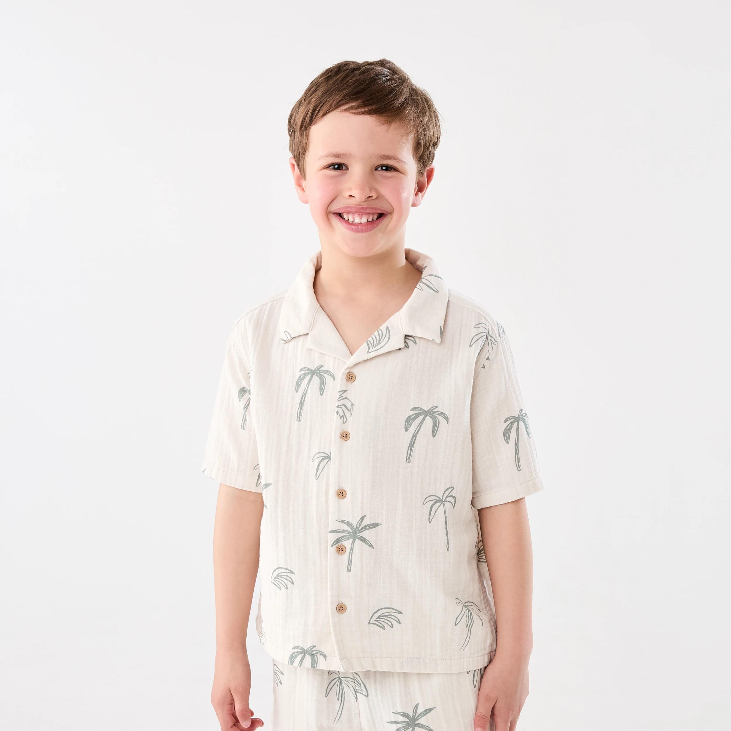 1 Short Sleeve Double Cloth Shirt SKETCHY PALM NATURAL LINEN, 1 of 7