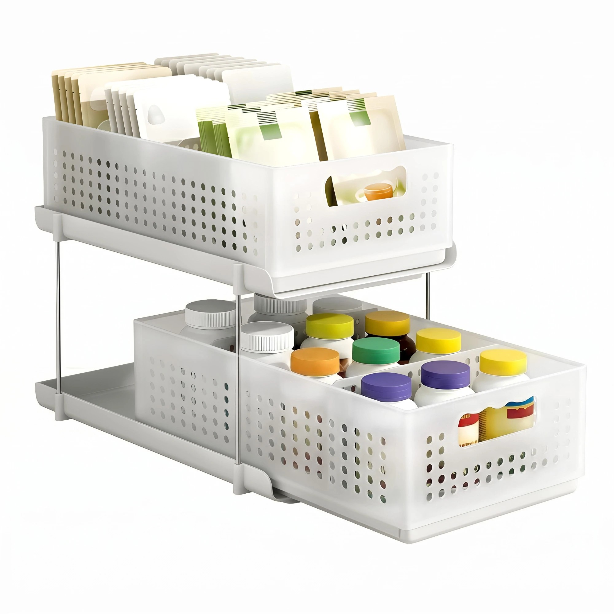 1 Artiss Under Sink Organizer 2 Tier Pull Out Drawer with Removable Baskets & Divider - White, 1 of 7