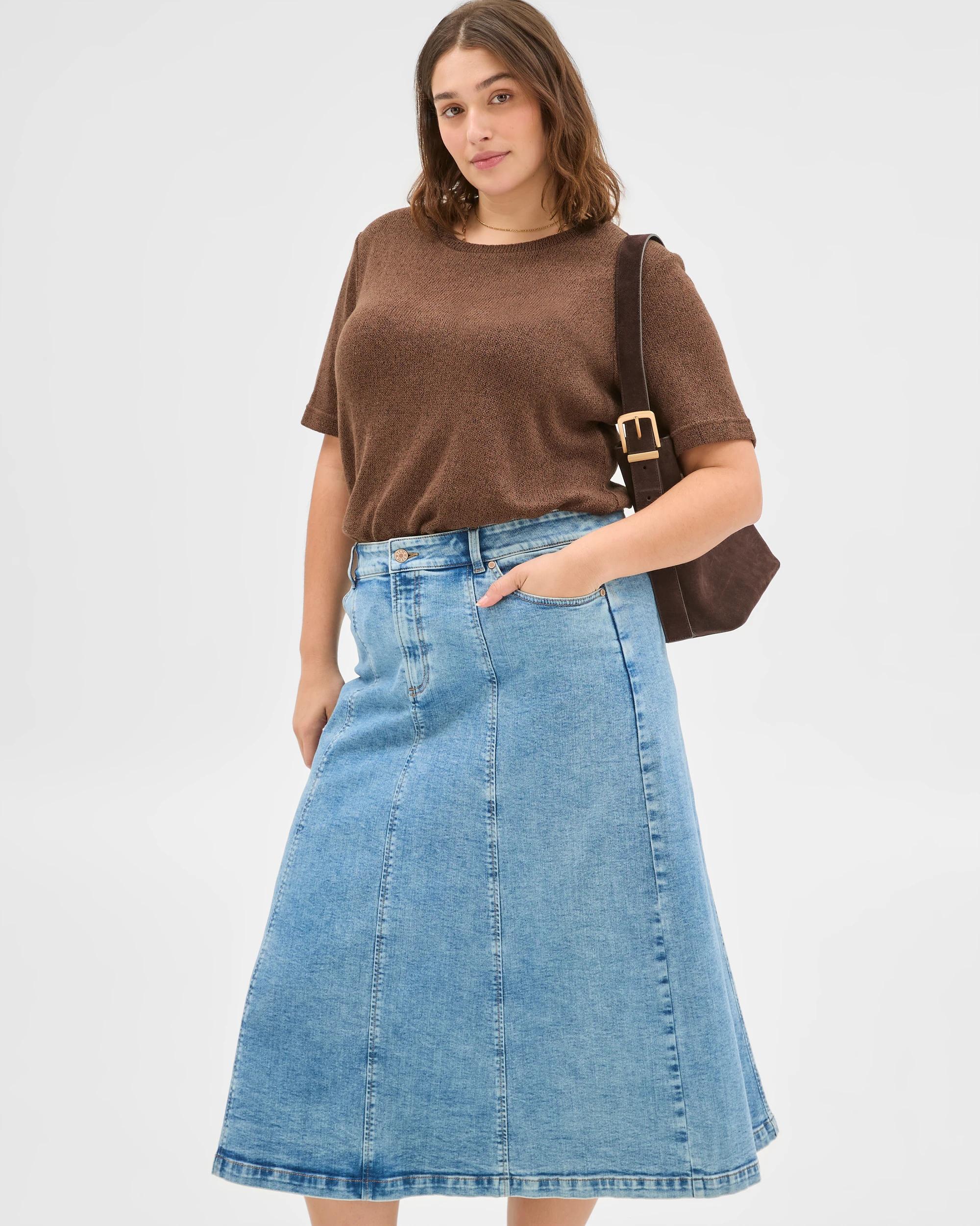 1 Target Plus Size Panelled Denim Midi Skirt ERA BLUE, 1 of 6
