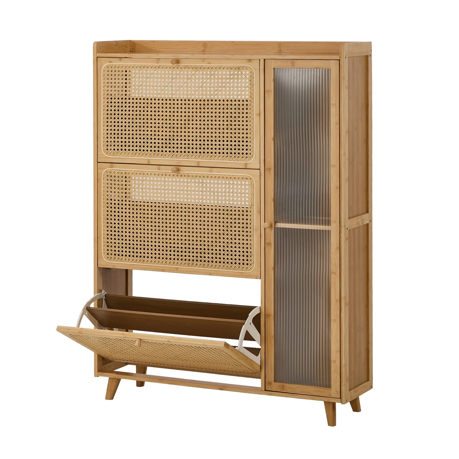 1 Oikiture Bamboo Shoe Storage Cabinet 3 Compartments Rack Single Door - Natural, 1 of 8