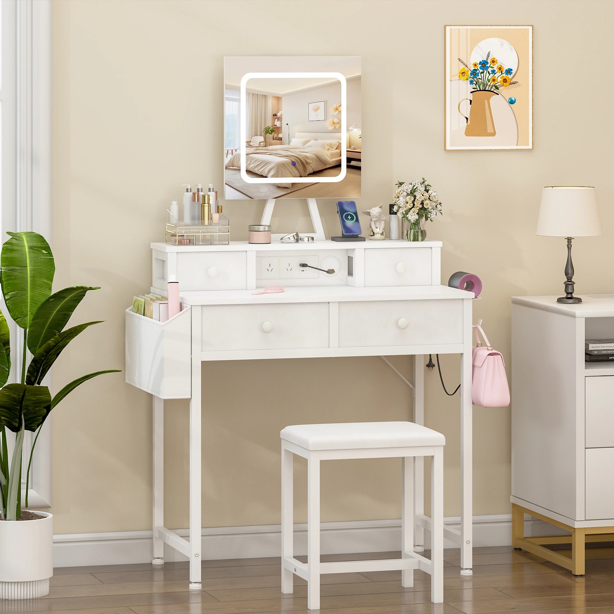 2 Adwin Dressing Table Set with Mirror Charging Station - White, 2 of 7